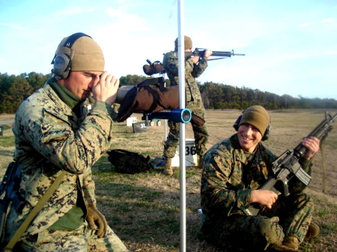 Marines with the Marine Corps Security Force Battalion Shooting Team practice at Dam Neck Range for the 2008 Marine Corps Eastern Division Rifle and Pistol Championship Matches.  The team trained intensely for an entire month before competing.