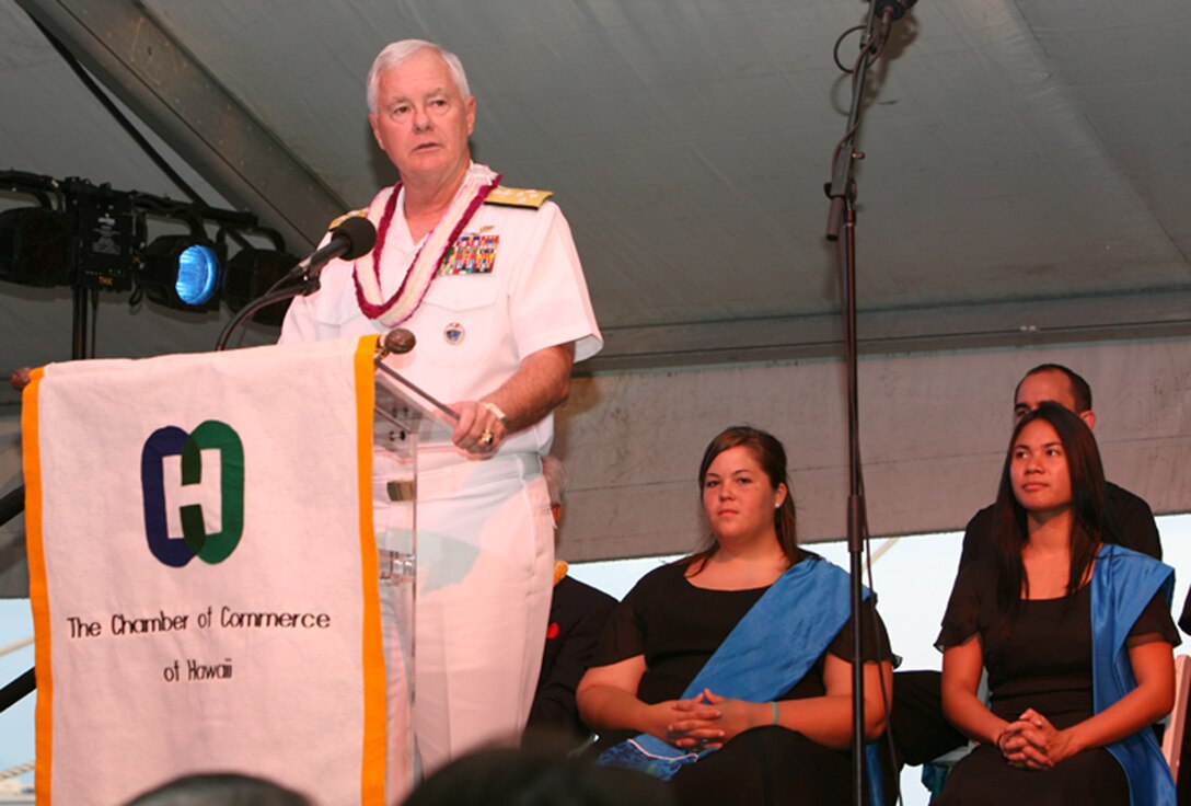 HONOLULU --  Adm. Timothy Keating, commander, U.S. Pacific Command, speaks to the audience about challenges service members face and the outstanding job they've done, during the opening ceremony for Hawaii Military Appreciation Month held at the USS Missouri here, April 24.