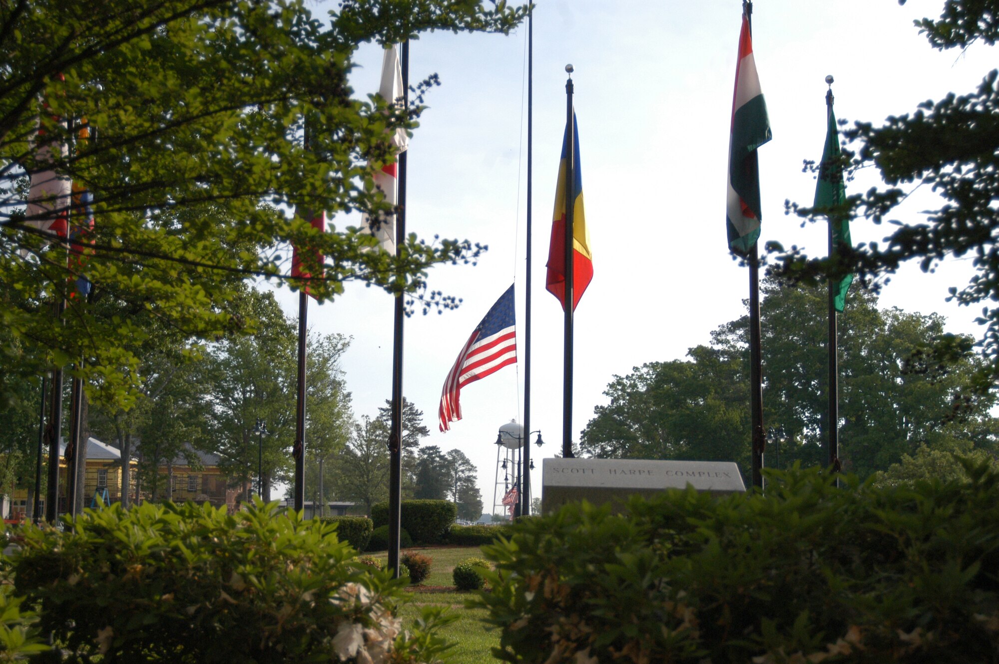 The U.S. flag at Scott Harpe Complex on Columbus Air Force Base flew at half-staff Thursday in memory of the two pilots lost in Wednesday's T-38C crash on base. Maj. Blair Faulkner and 2nd Lt. Matthew Emmons died when the plane they were piloting crashed on initial takeoff about 12:30 p.m. April 23. (U.S. Air Force photo/Senior Airman John Parie)