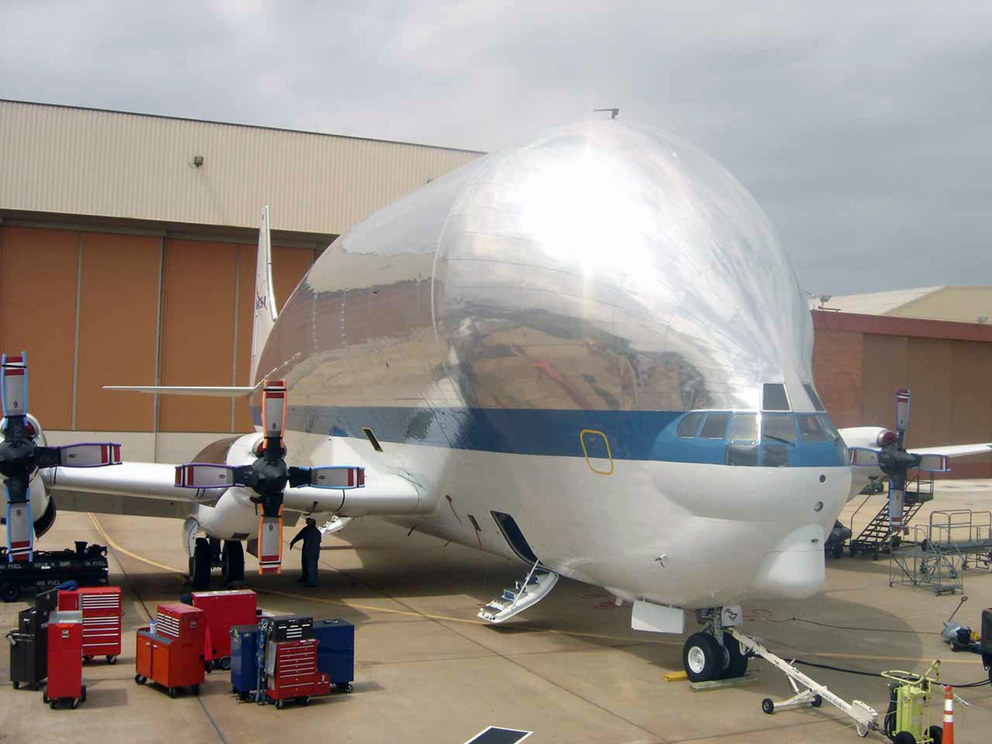 NASA's Super Guppy sits at Tinker Air Force Base, Okla., where it waits for a maintenance inspection by Air Force specialists. Project planners say the work should be completed by Aug. 22.  NASA officials brought the unique aircraft to Tinker AFB because of the capability of Tinker's workforce to inspect and repair the large aircraft.  (U.S. Air Force photo/Debra Bennett)