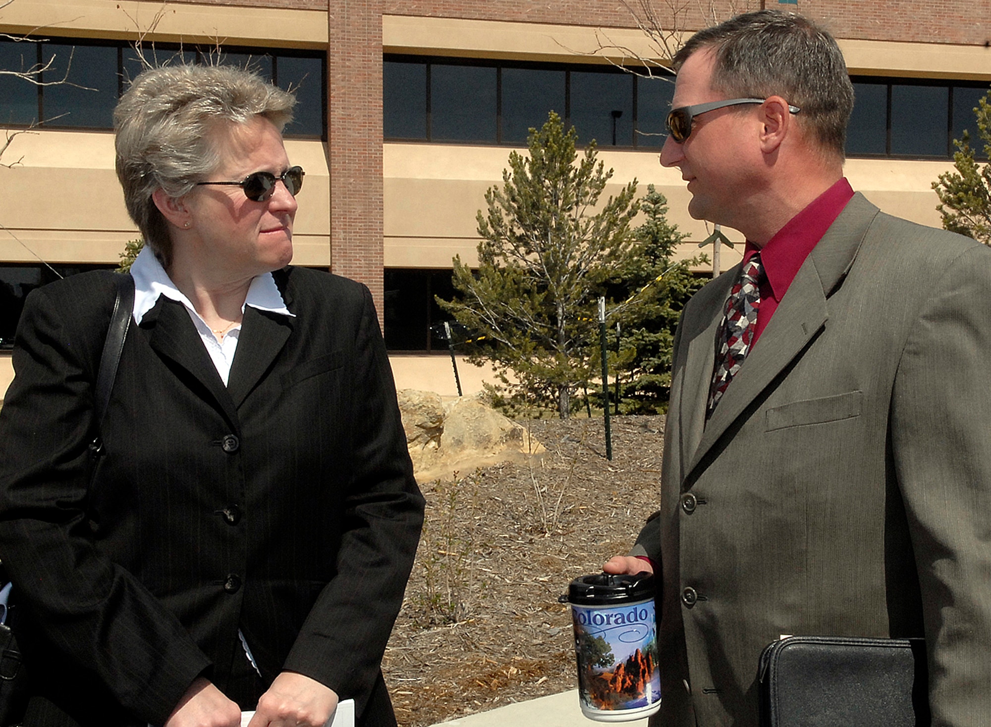 Jeff Bohn, 21st Space Wing Public Affairs officer (right), discusses issues affecting Peterson Air Force Base, Colo., with Dr. Penelope Culbreth-Graft April 24. Dr. Culbreth-Graft, who recently became the new Colorado Springs city manager, was introduced to the base and its mission to gain a better understanding of how the city and Peterson work together. The doctor was also introduced to Peterson’s BluePrint-2050 development plan and was provided a tour of the installation. (U.S. Air Force photo/Rob Bussard)