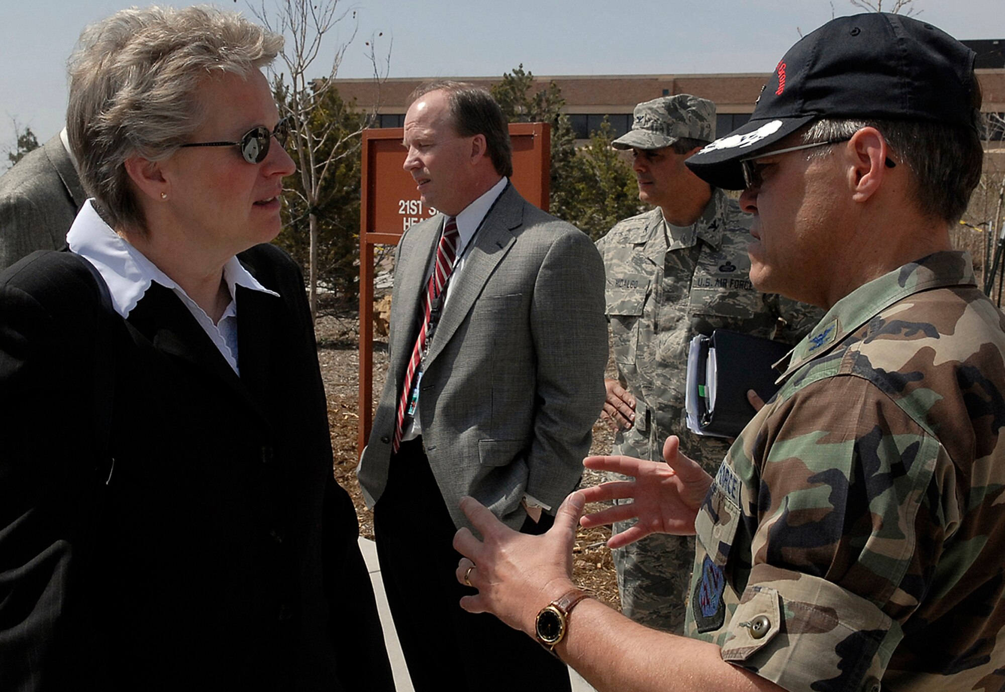 Dr. Penelope Culbreth-Graft (left), Colorado Springs city manager, discusses changes within the 21st Medical Group with Col. Mark Allen, group commander, April 24 during a visit to Peterson Air Force Base, Colo. Dr. Culbreth-Graft, who recently became the new manager of the city, was introduced to the base and its mission to gain a better understanding of how the city and Peterson work together. The doctor was also introduced to Peterson’s BluePrint-2050 development plan and was provided a tour of the installation. (U.S. Air Force photo/Rob Bussard)