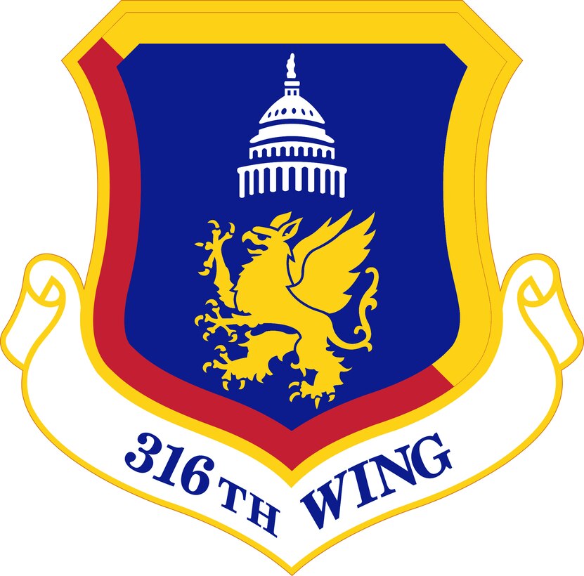 316th Wing shield (Color). Image provided by the Air Force Historical Research Agency. In accordance with Chapter 3 of AFI 84-105, commercial reproduction of this emblem is NOT permitted without the permission of the proponent organizational/unit commander. The image is 8x8.8 inches @ 300 ppi.
