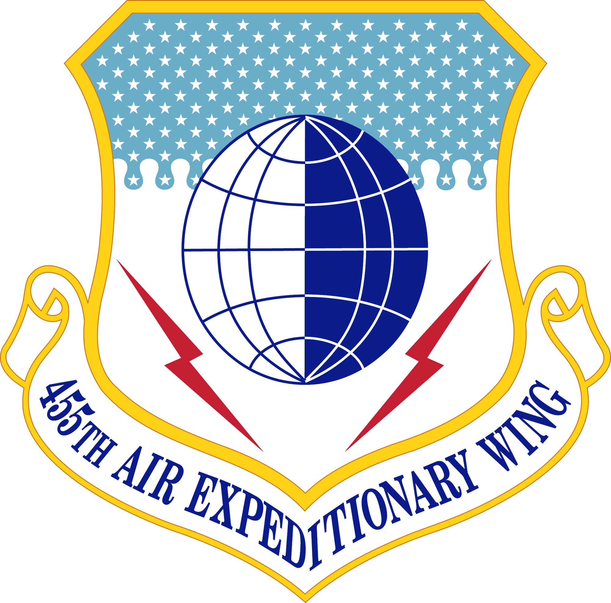 455th Air Expeditionary Wing (Color). Image provided by the Air Force Historical Research Agency. In accordance with Chapter 3 of AFI 84-105, commercial reproduction of this emblem is NOT permitted without the permission of the proponent organizational/unit commander. The image is 7x7 inches @ 300 ppi. 
