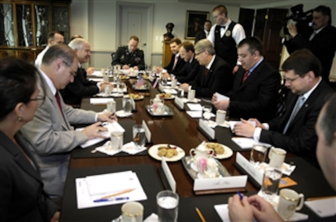 Defense Secretary Robert M. Gates meets with President Valdis Zalters of Latvia and members of their staffs in the Pentagon, April 24, 2008. 