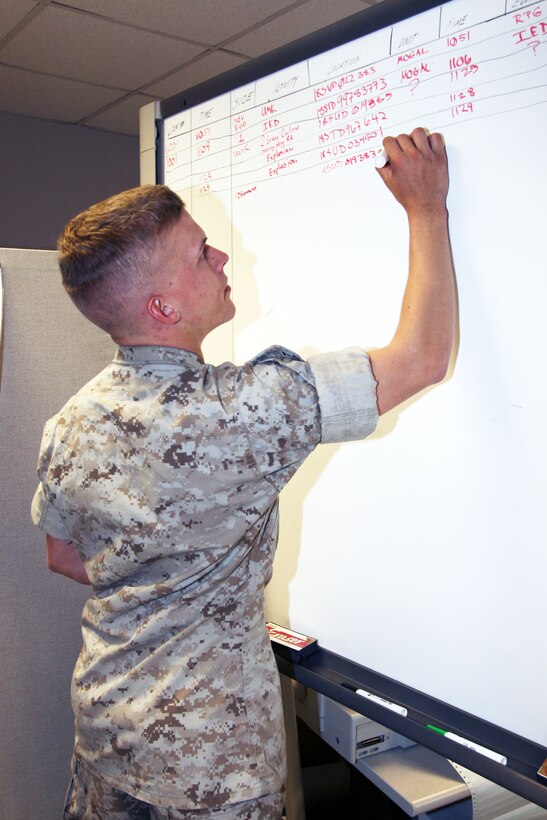 A Marine from Marine Special Operations Advisor Group, U.S. Marine Corps Forces, Special Operations Command, tallies simulated casualties and prisoners of war during MSOAG Exercise 1-08 here April 24. The exercise gave the Marines an opportunity to conduct battalion-level attacks without expending ammunition or risking injuries.