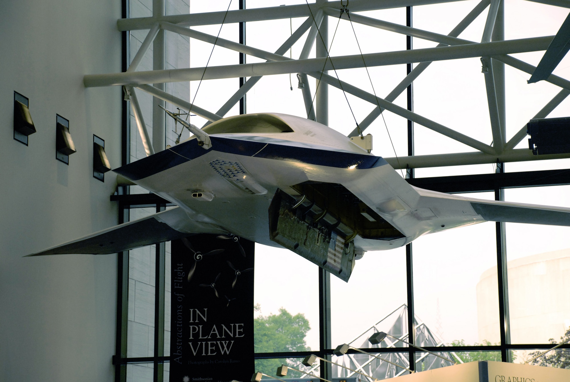 An X-45A Joint Unmanned Combat Air System hangs in the Smithsonian Institution's National Air and Space Museum in a new exhibit of military unmanned aerial vehicles. The exhibit, which opened to the public April 24, includes six UAVs from all four services and will be on display for the next 10 years. The X-45A was the first UAV designed specifically for combat missions. (U.S. Air Force photo/Staff Sgt. J.G. Buzanowski) 