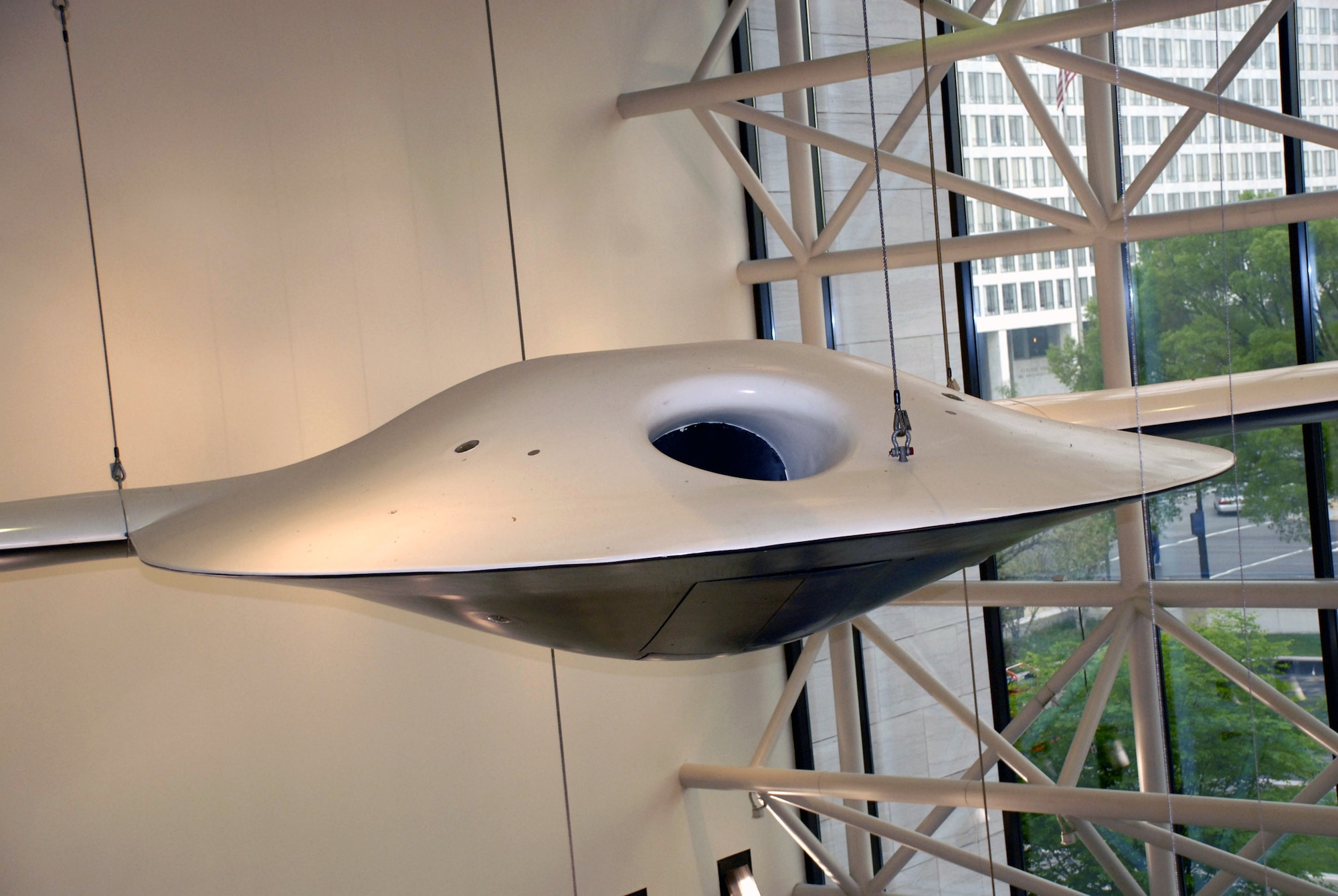 An RQ-3A Darkstar hangs in the Smithsonian Institution's National Air and Space Museum in a new exhibit of military unmanned aerial vehicles. The exhibit, which opened to the public April 24, includes six UAVs from all four services and will be on display for the next 10 years. The Darkstar integrated stealth technology into a UAV, but the project was soon abandoned. (U.S. Air Force photo/Staff Sgt. J.G. Buzanowski) 
