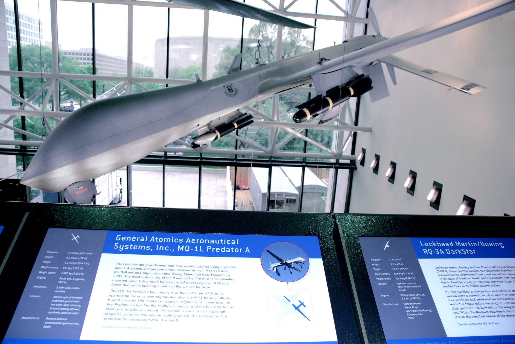 An MQ-1L Predator A hangs in the Smithsonian Institution's National Air and Space Museum in a new exhibit of military unmanned aerial vehicles. The exhibit, which opened to the public April 24, includes six UAVs from all four services and will be on display for the next 10 years. This particular Predator was the first MQ-1L to fire a missile in combat and flew 196 combat missions before being retired.  (U.S. Air Force photo/Staff Sgt. J.G. Buzanowski) 
