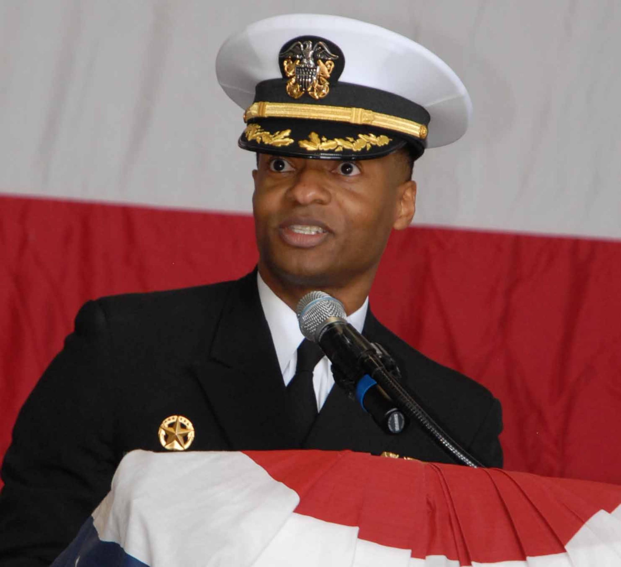 Cmdr. Shawn Bentley, Fleet Air Reconnaissance Squadron THREE (VQ-3) commander, addresses the audience during VQ-3's change of command ceremony April 18.  Bentley took command over as commander from Cmdr. Jeff Marshall.  (Photo by Tim Geels)


