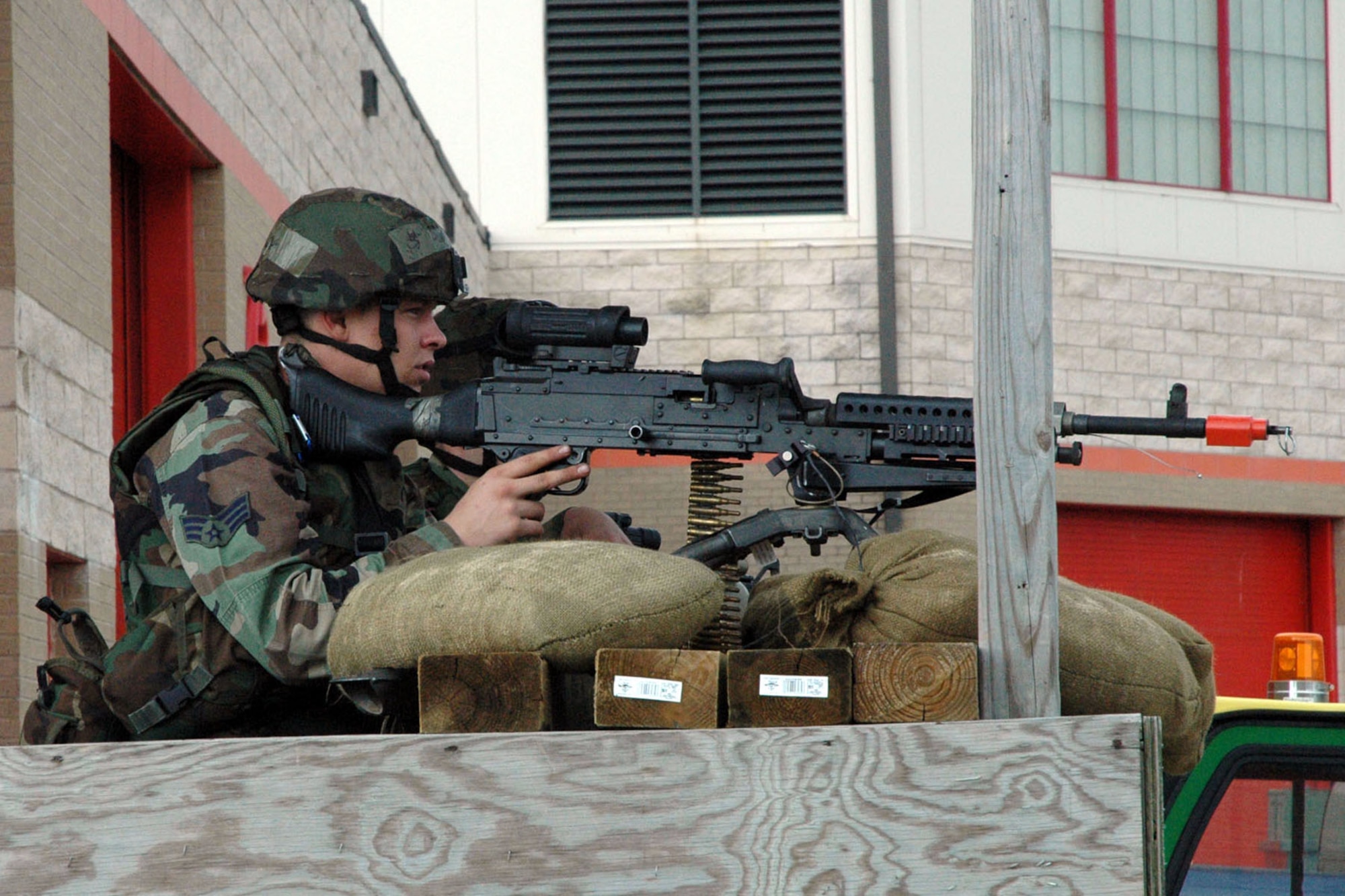 GULFPORT COMBAT READINESS TRAINING CENTER, Miss. – A member of the 922nd Air Expeditionary Wing's Security Force Squadron provides overwatch protection at the base entry control point during the Operational Readiness Inspection. U.S. Air Force photo/Tech. Sgt. Bob Barko Jr.