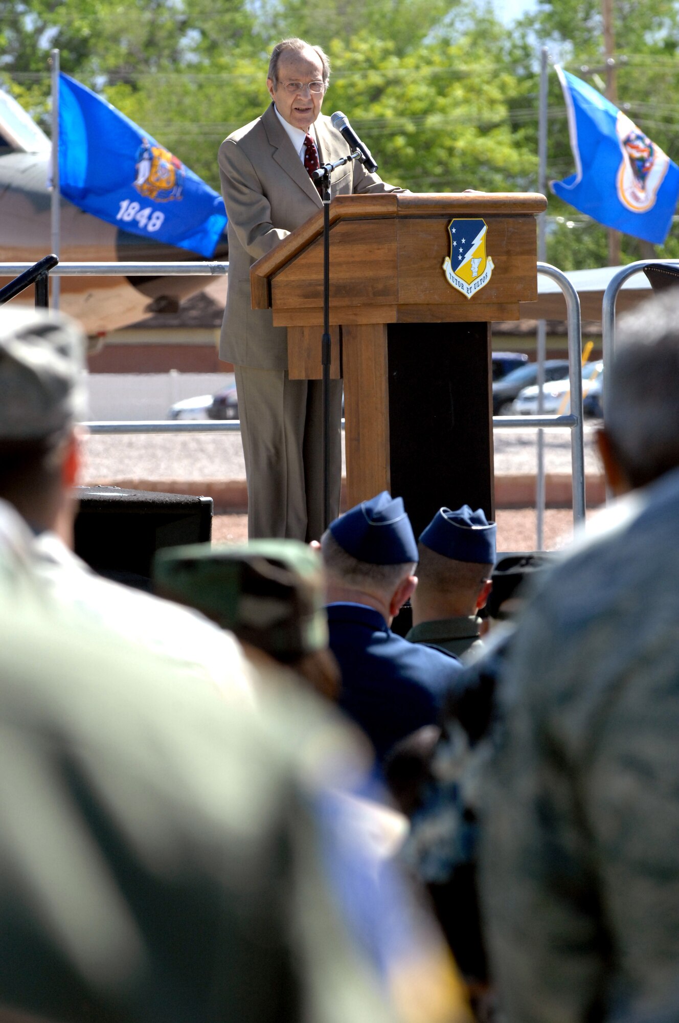 Former Secretary of Defense Dr. William J. Perry was the  guest speaker, during the Sunset Stealth F-117A Retirement Ceremony Apr 21, Holloman Air Force Base, N.M.
(U.S. Air Force photo/ Senior Airman Anthony Nelson Jr)
