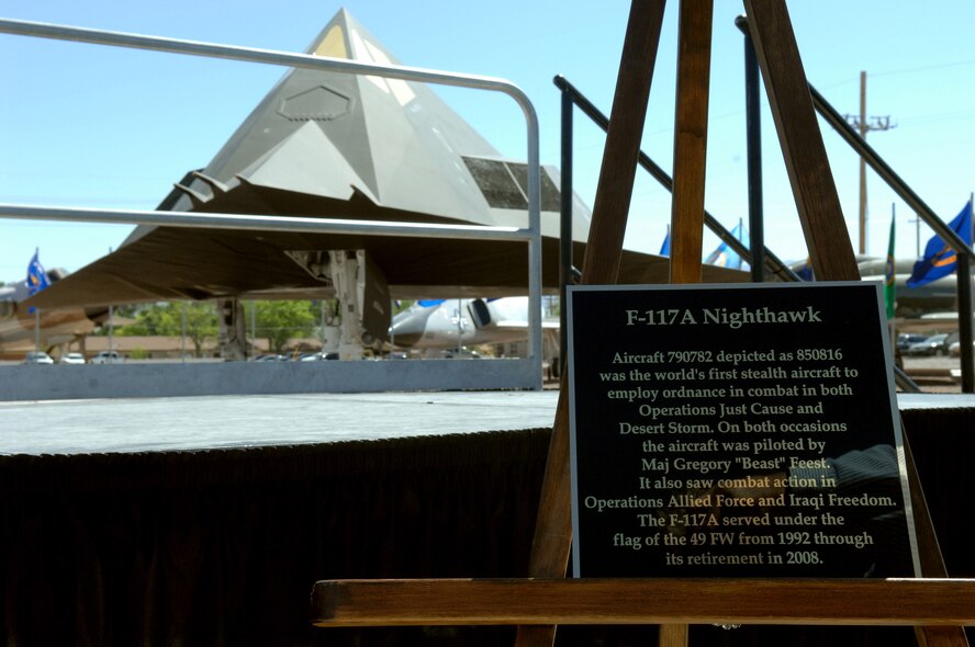 A plaque dedicated to an F-117A Nighthawk sits on display during the Sunset Stealth Ceremony Apr 21, Holloman Air Force Base, N.M.
(U.S. Air Force photo/ Senior Airman Anthony Nelson Jr)

