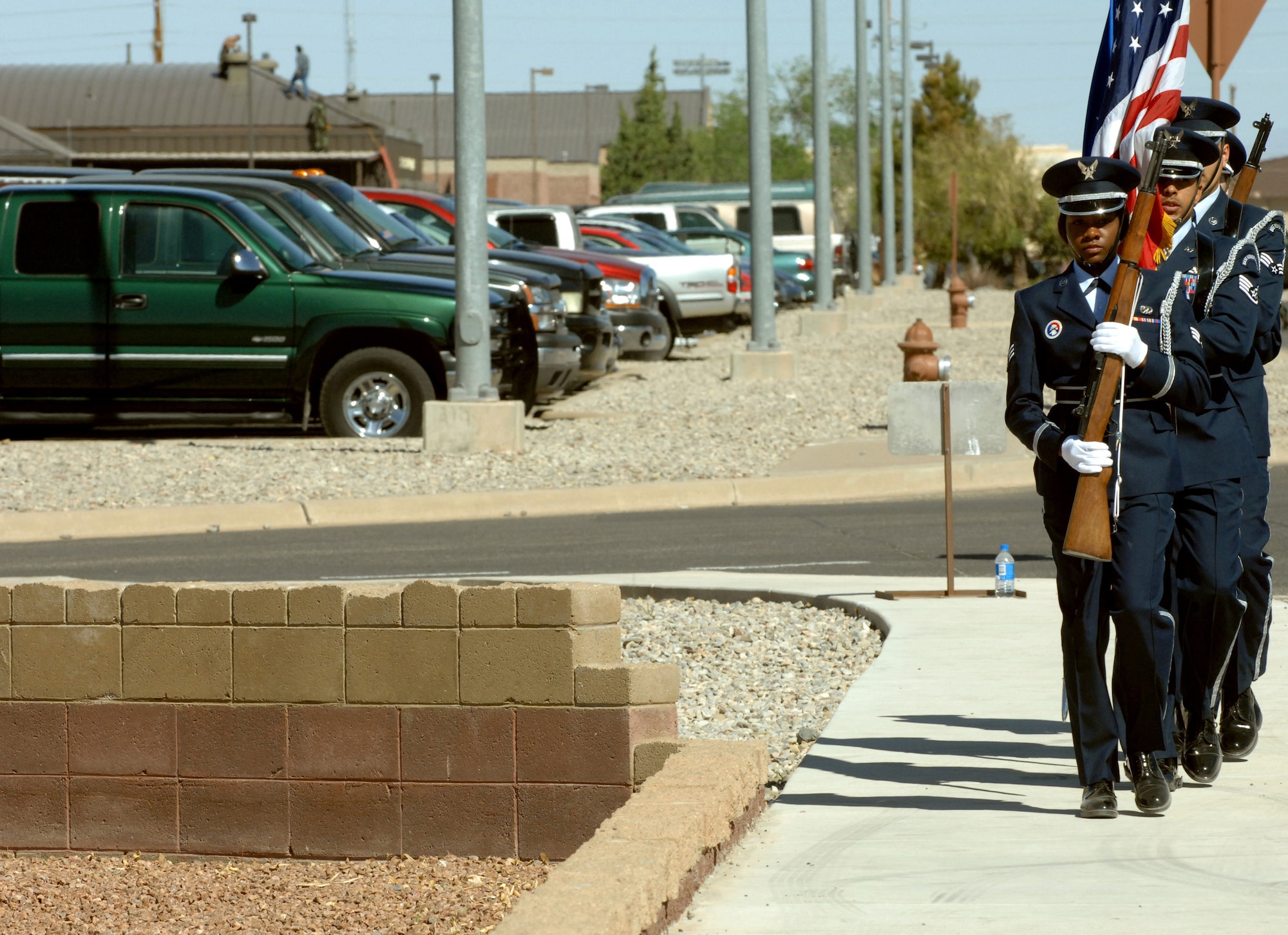 Senior Airman LaToya Smitherman leads Holloman Air Force Base, Steel Talons, Honor Guard detail members out of the ceremony during Sunset Stealth F-117A Retirement Ceremony Apr 21, Holloman Air Force Base, N.M.
(U.S. Air Force photo/ Senior Airman Anthony Nelson Jr)
