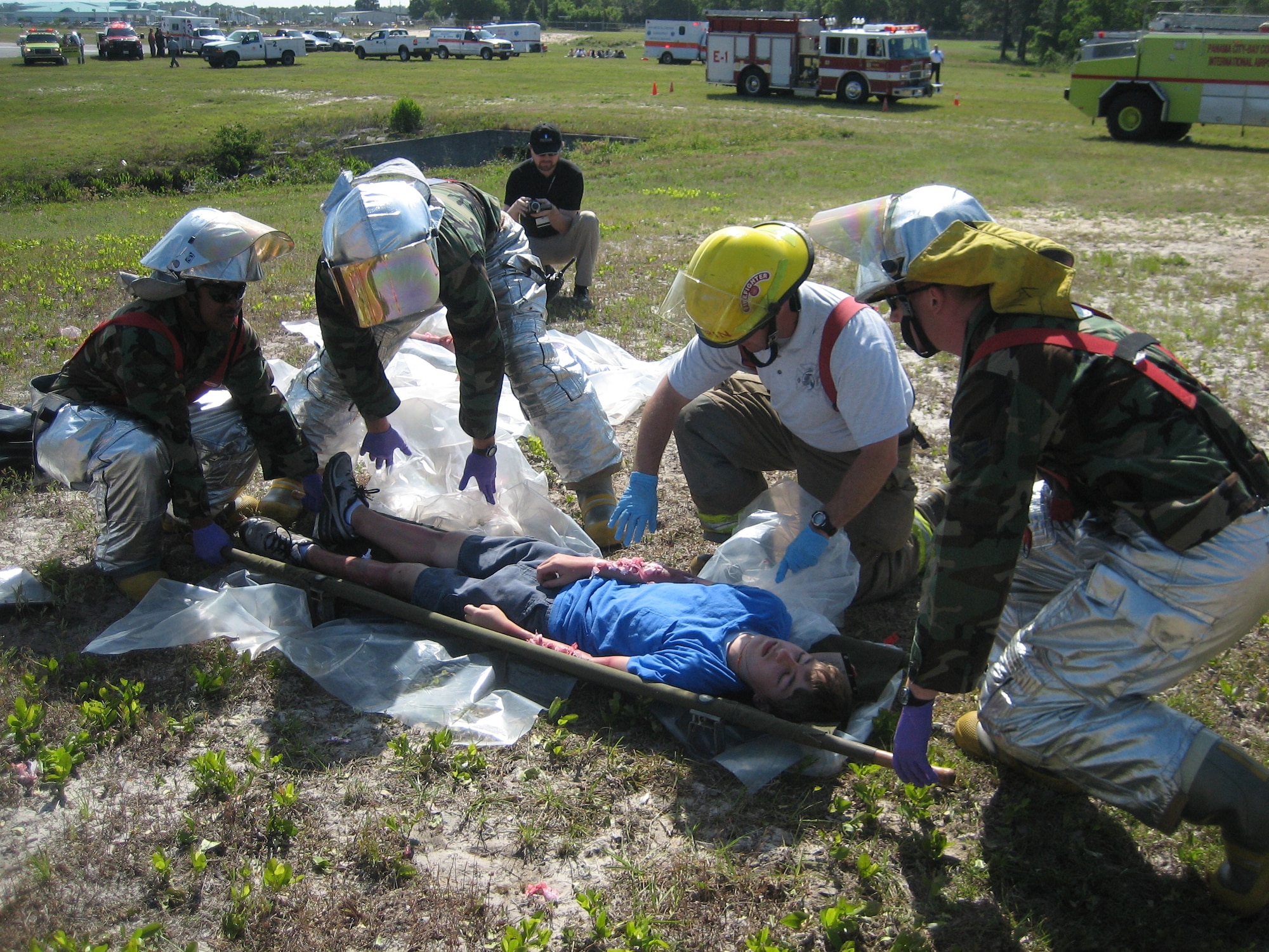 Tyndall fire fighters and medical personnel participated in a joint training exercise with Bay County emergency response agencies April 25 at the Panama City Airport. The training, which involved responding to a simulated plane crash, tested the Airmen's ability to respond quickly in the event of a catastrophic accident off base requiring Tyndall's support and resources. 