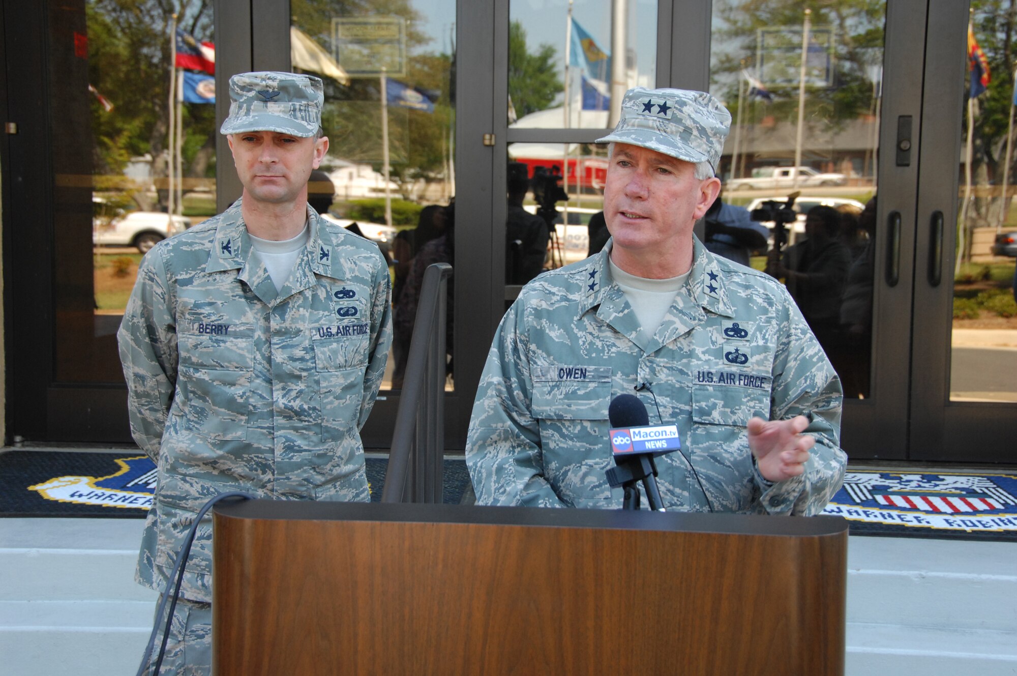 Maj. Gen Tom Owen, Warner Robins Air Logistics Center commander, responds to questions from media during a press conference April 21 announcing the Operational Readiness Inspection results as Col. Warren Berry, 78th Air Base Wing Commander, looks on. 