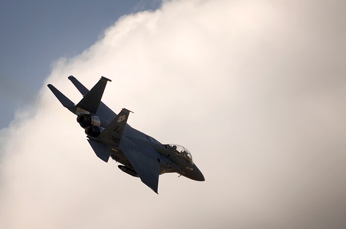 A F-15 Strike Eagle arrives on Charleston AFB for the 2008 "Wings Over Charleston" Air Expo April 24. The biennial expo hosted by the 437th Airlift Wing will allow Americans the opportunity to meet and greet Airmen and view civilian and military aircraft.  (U.S. Air Force Photo/Senior Airman Nicholas Pilch)