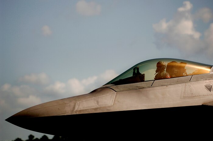 A F-22 Raptor flown by Capt. Chris Bergtholdt arrives on Charleston AFB for the 2008 "Wings Over Charleston" Air Expo April 24. The biennial expo hosted by the 437th Airlift Wing will allow Americans the opportunity to meet and greet Airmen and view civilian and military aircraft. Captain Bergtholdt is a pilot from the 94th Fighter Squadron from Langley AFB, Va.  (U.S. Air Force Photo/Senior Airman Nicholas Pilch)