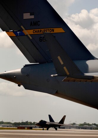 An F-22 Raptor arrives on Charleston AFB for the 2008 "Wings Over Charleston" Air Expo April 24. The biennial expo hosted by the 437th Airlift Wing will allow Americans the opportunity to meet and greet Airmen and view civilian and military aircraft.  (U.S. Air Force Photo/Senior Airman Nicholas Pilch)