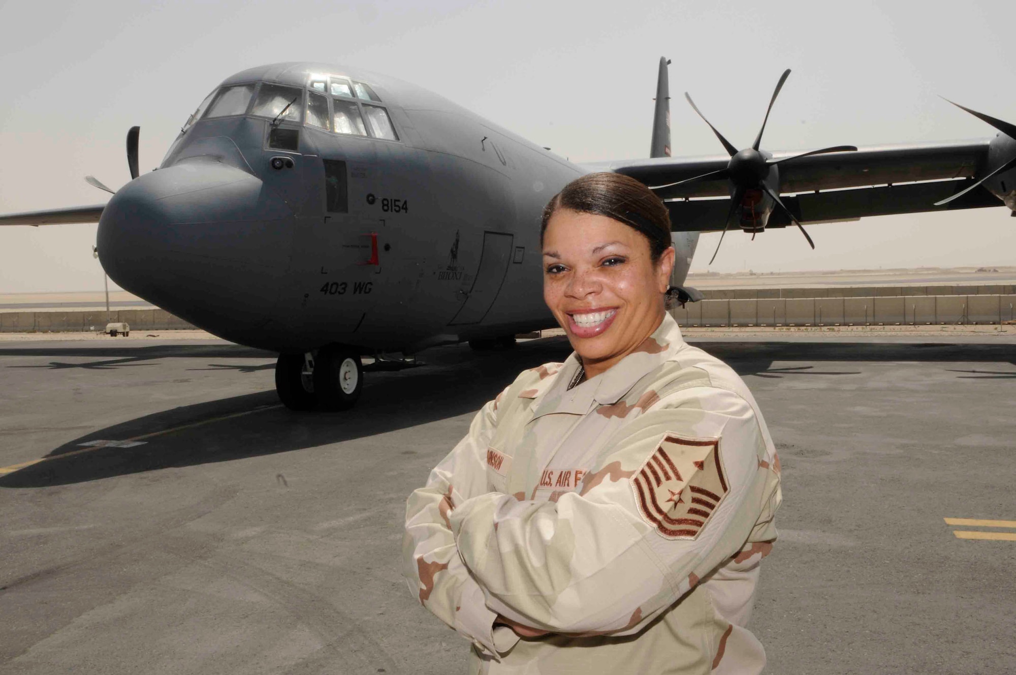 Master Sgt. Tina Robinson, 746th Expeditionary Airlift Squadron first sergeant, was recently titled the “Strongest (female) in the AOR.” She is a Reservist deployed here from Keesler Air Force Base, Miss.  (U.S. Air Force photo/Tech. Sgt. Johnny Saldivar)