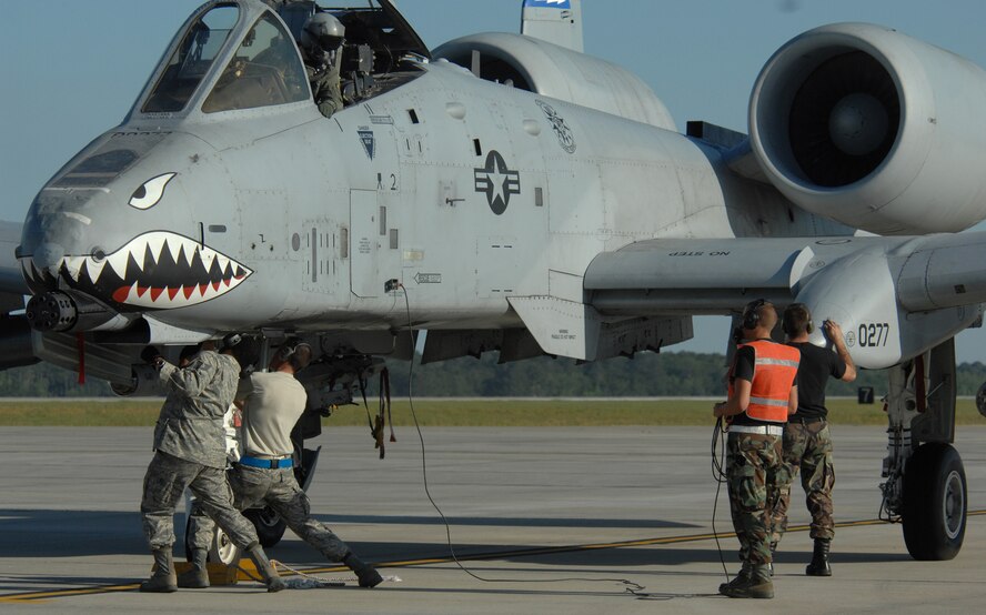 MOODY AIR FORCE BASE, Ga. --  Airmen perform checks on an A-10C Thunderbolt II after its return from a mission here April 17. Checks are performed on the aircraft after every flight to ensure it is safe to return to the parking area. (U.S. Air Force photo by Senior Airman Gina Chiaverotti) 