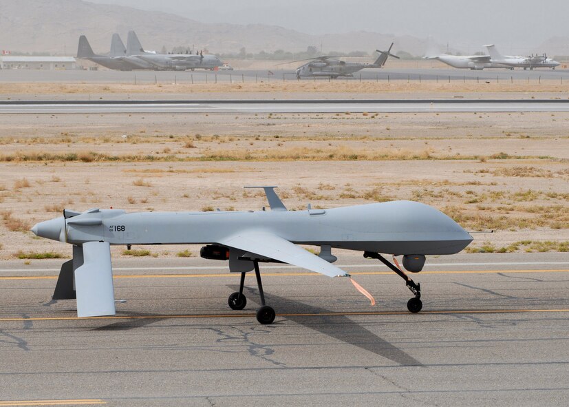 An MQ-1 Predator returns to Bagram Air Base, Afghanistan, from an Operation Enduring Freedom mission. The unmanned aerial vehicle's primary mission is interdiction and conducting armed reconnaissance against critical, perishable targets. (U.S. Air Force photo/Master Sgt. Demetrius Lester)
