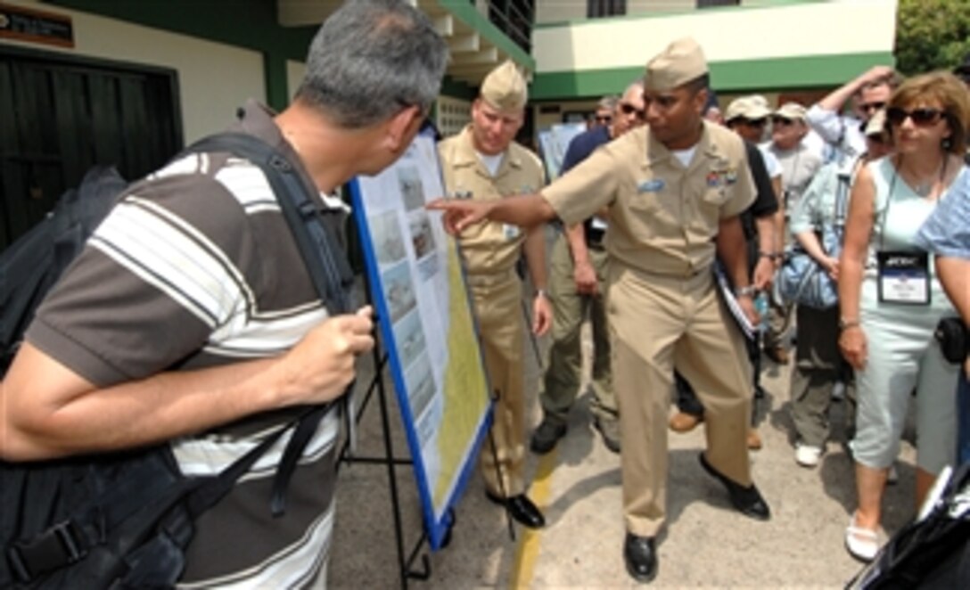 Colombian military naval officials brief participants of the 75th Joint Civilian Orientation Conference at Colombian Coast Guard Headquarters during a cultural visit to Cartagena, Colombia, April 23, 2008. Sponsored by the secretary of defense, JCOC is reserved for American leaders interested in expanding their knowledge of the military and national defense. 

