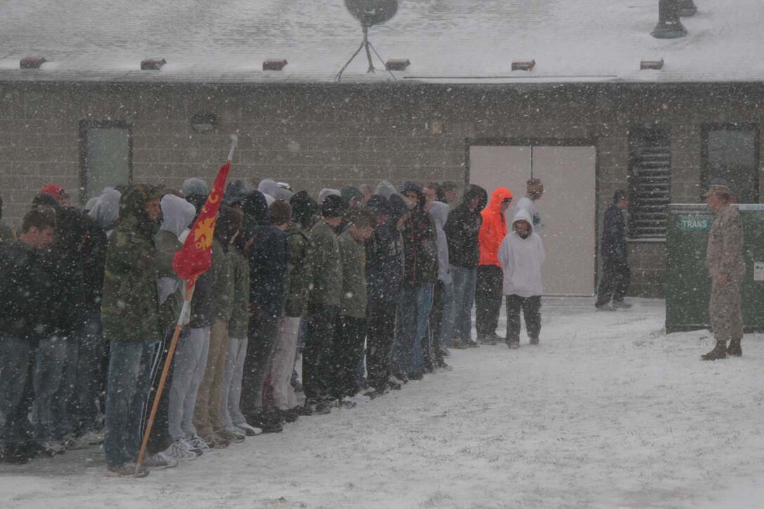CAMP RIPLEY, Minn.- Neither rain nor snow could stop Recruiting Station Twin Cities' Annual Mini-Boot Camp April 25- 27. The event for 394 poolees and guests was scheduled at the end of April in an effort to avoid the infamous Minnesota weather. Photo by Staff Sgt. Stephen L. Traynham, Recruiting Station Twin Cities