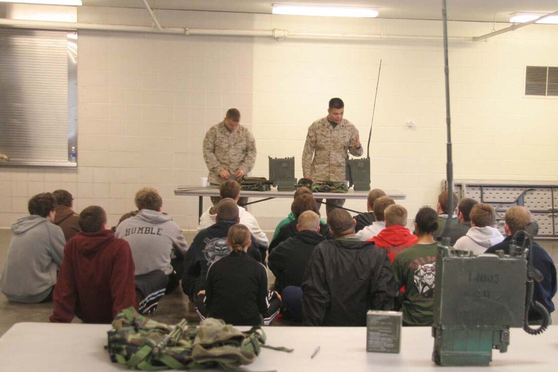 CAMP RIPLEY, Minn.- During Recruiting Station Twin Cities' Mini-Boot Camp April 25-27, classes helped prepare the poolees for boot camp and familiarize them with different aspects of the Marine Corps. Drill, call for fire, substance abuse and radio operations were among the classes attended by the poolees. Photo by Staff Sgt. Stephen L. Traynham, Recruiting Station Twin Cities