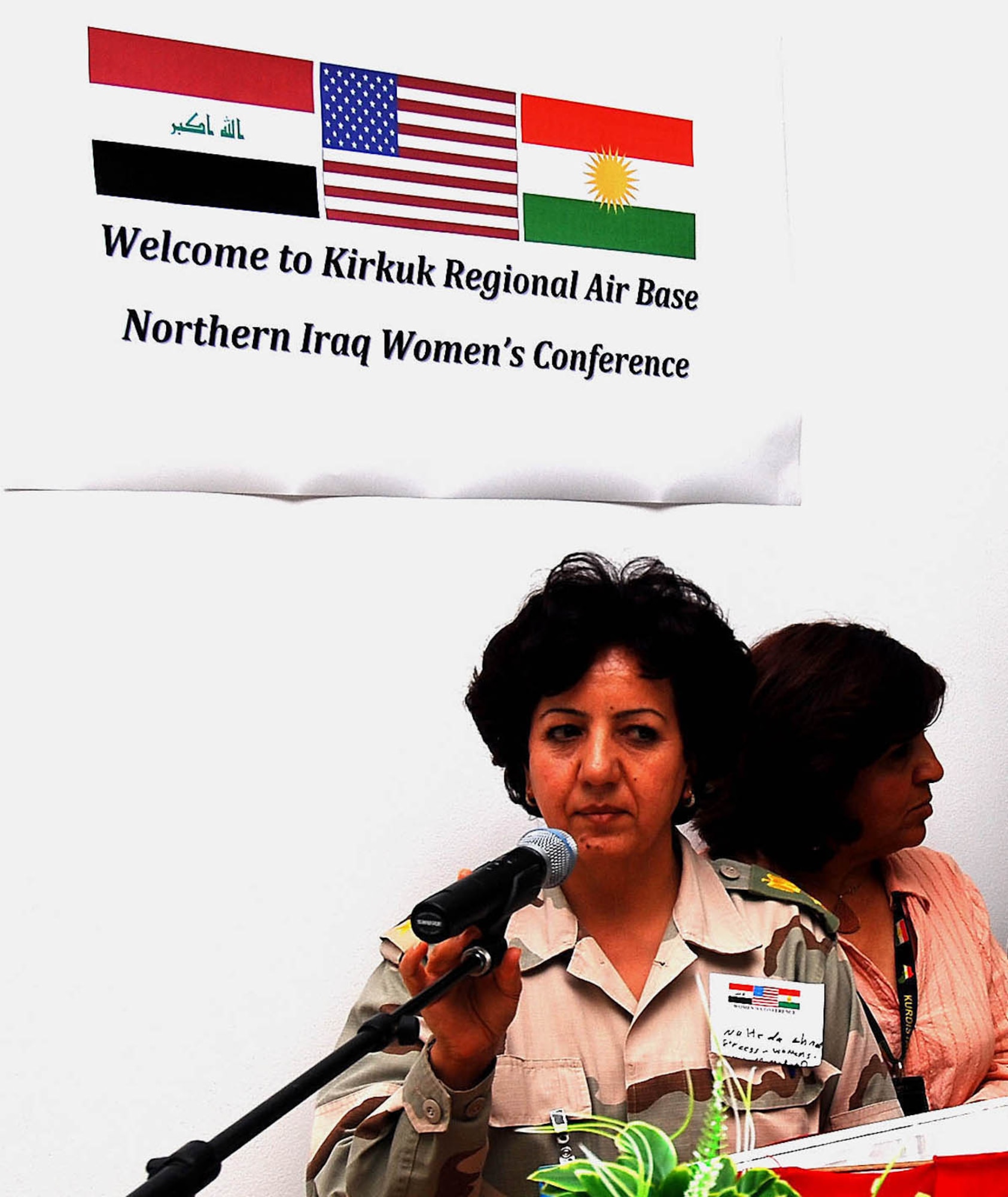 “We are not that different,” Maj. Naheda Ahmed, 42, commander of a women’s Peshmerga Infantry Regiment in Sulayminiyah said, at the Inaugural Northern Iraq Women's Conference, April 20 at Forward Operating Base Warrior, Kirkuk, Iraq. “It is important to start a dialogue about women’s issues effecting women in Iraq with our American counterparts…we are their voices." (U.S. Army photo by Staff Sgt. Margaret C. Nelson)