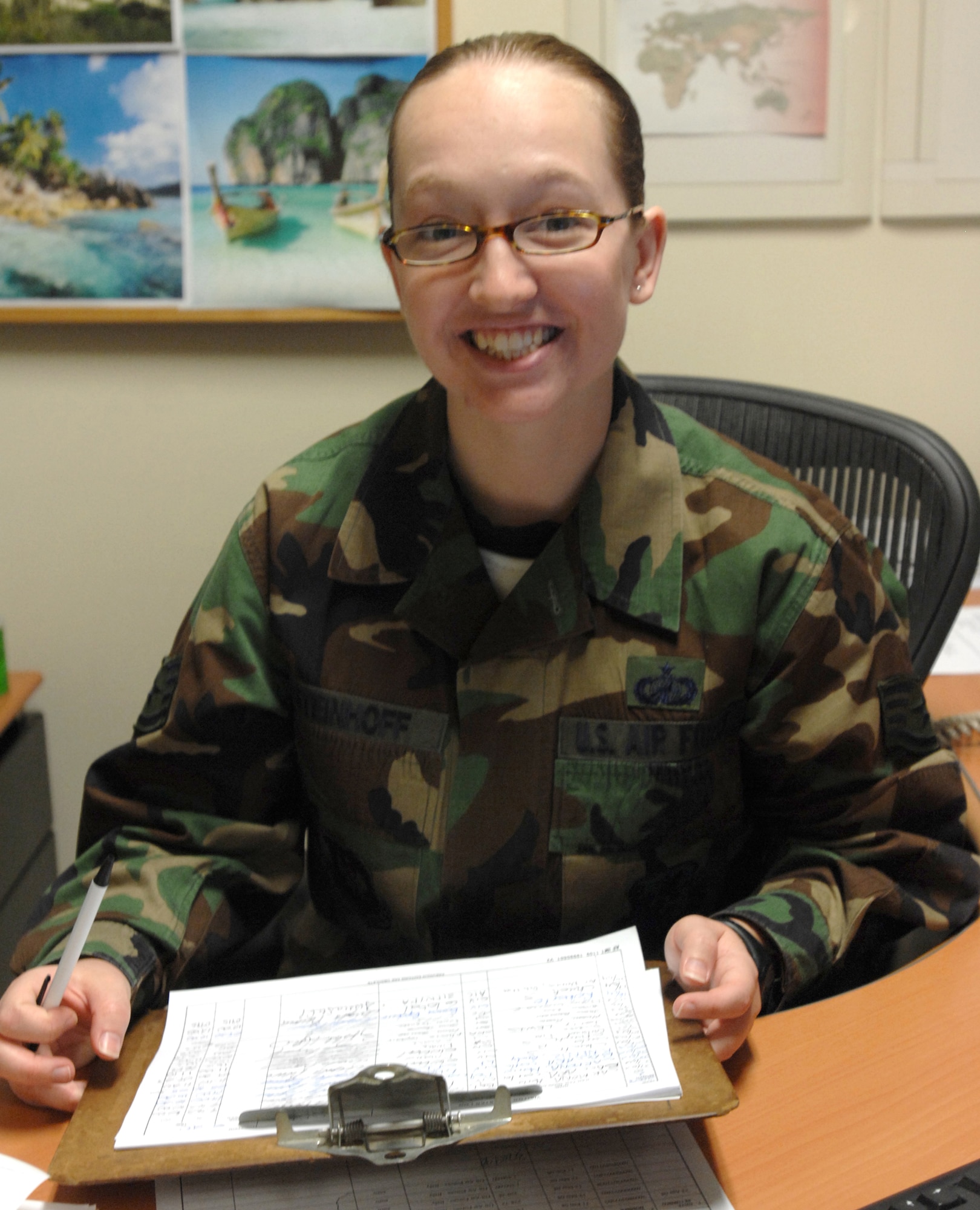 AVIANO AIR BASE, Italy--Staff Sergeant Jessica Steinhoff, 31st Comptroller Squadron, was notified April 23 that she was selected for Officer Training School. She graduated with a business administration degree from Saint Leo University, Fl. and will be a space and missle officer. (U.S. Air Force photo/Airman 1st Class Tabitha Mans).