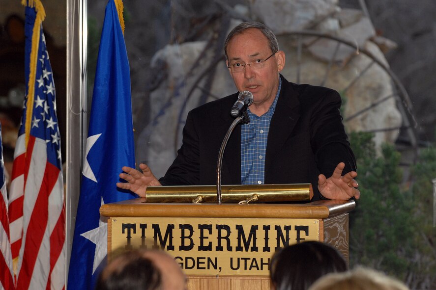 Lt. Gen. David A. Deptula speaks with 250 local community leaders at a State of the Air Force dinner in Ogden, Utah April 21.  The general's visit focused on raising awareness of global threats, including the current threat of terrorism and future threats from worldwide adversaries. General Deptula is the deputy chief of staff for intelligence, surveillance and reconnaissance. (U.S. Air Force photo by Alex Lloyd)