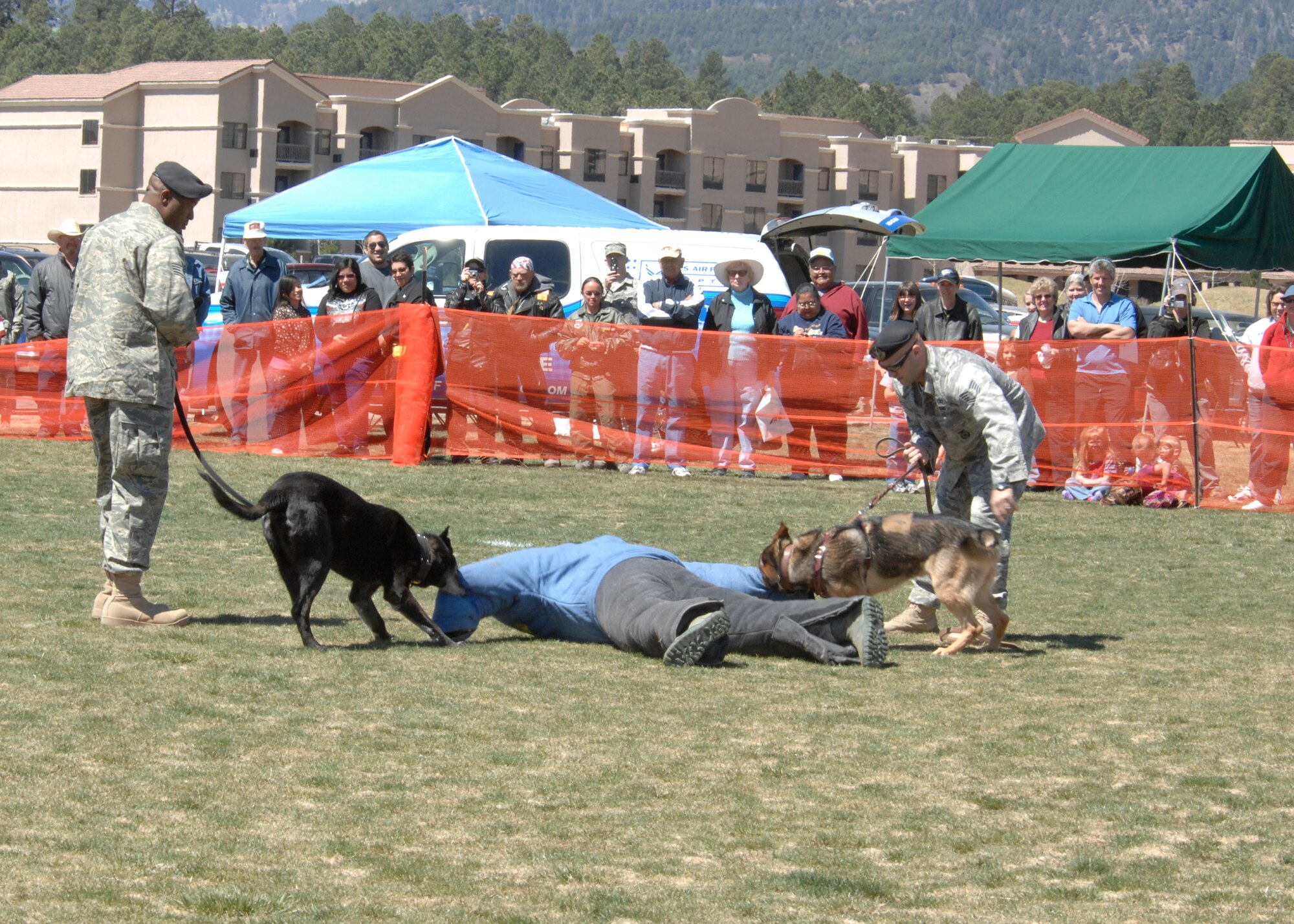 Dog handlers from Holloman Air Force Base, N.M., perform military working dog demonstrations during the Military Appreciation Weekend here April 12. MAW is an event aimed at appreciating the armed forces and has various military demonstrations. (U.S. Air Force photo by Airman 1st Class Rachel Kocin)   