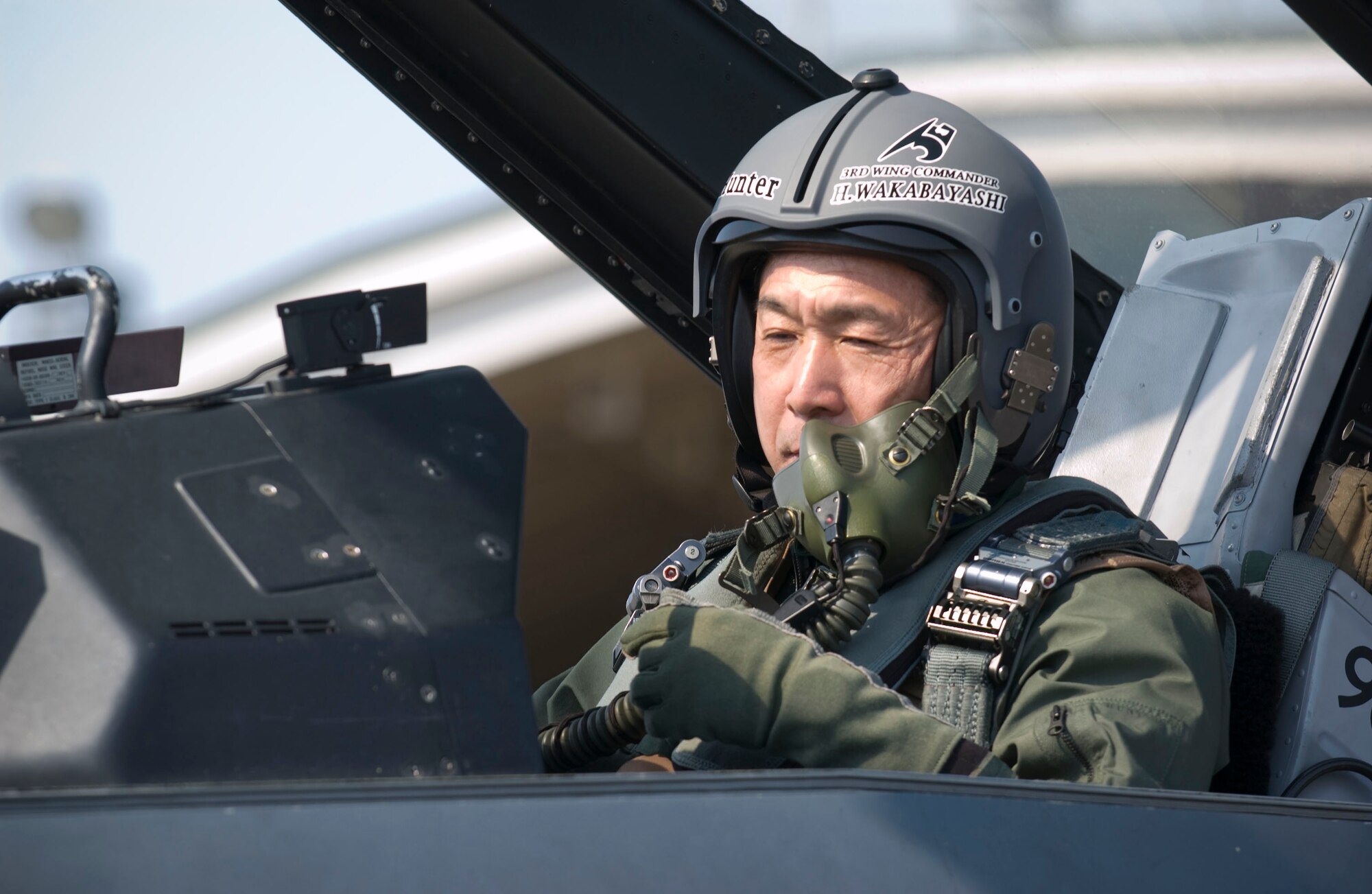 MISAWA AIR BASE, Japan -- Maj. Gen. Hideo Wakabayashi, Japan Air Self Defense Force 3rd Air Wing commander, awaits takeoff in and F-16 fighter jet on April 15, 2008. General Wakabayashi rode in the F-16 to familiarize himself with American aircraft. (U.S. Air Force photo by Senior Airman Samuel Morse)
