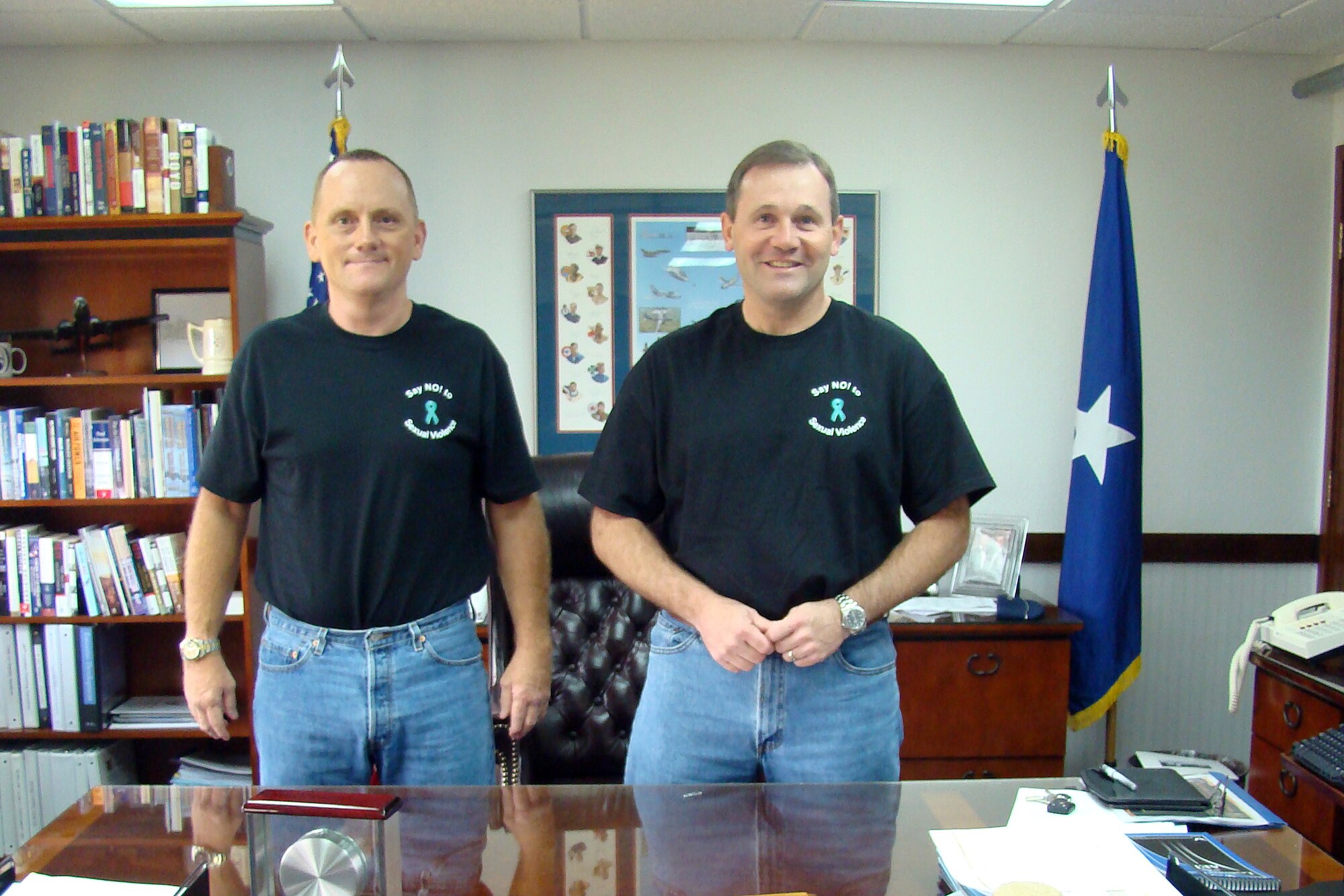 Leadership of the 36th Wing, Brig. Gen. Owens, 36th Wing Commander and Col. Gregory Cain 36th Wing Vice Commander supported Denim Day Apr. 25 by wearing the Denim Day t-shirt on sale throughout the month of April. (Courtesy photo by Shari Freeman)