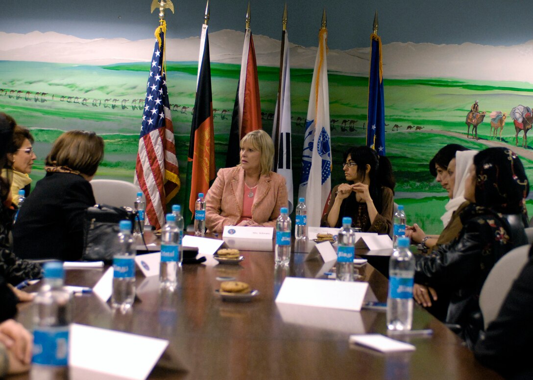 Prominent Afghan women from Kabul, Kapisa and Parwan provinces meet at Bagram Air Base, Afghanistan, to discuss women's affairs in Afghanistan with Suzie Schwartz, wife of Gen. Norton Schwartz, U.S. Transportation Command commander. (U.S. Air Force photo/Master Sgt. Demetrius Lester) 