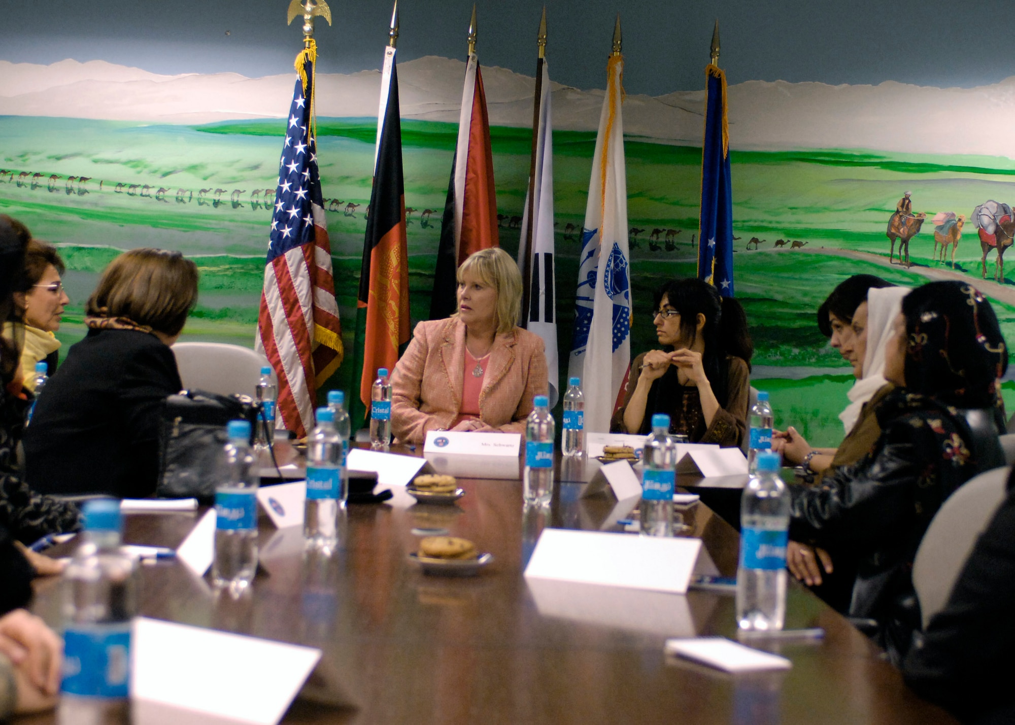 Prominent Afghan women from Kabul, Kapisa and Parwan provinces meet at Bagram Air Base, Afghanistan, to discuss women's affairs in Afghanistan with Suzie Schwartz, wife of Gen. Norton Schwartz, U.S. Transportation Command commander. (U.S. Air Force photo/Master Sgt. Demetrius Lester)

 