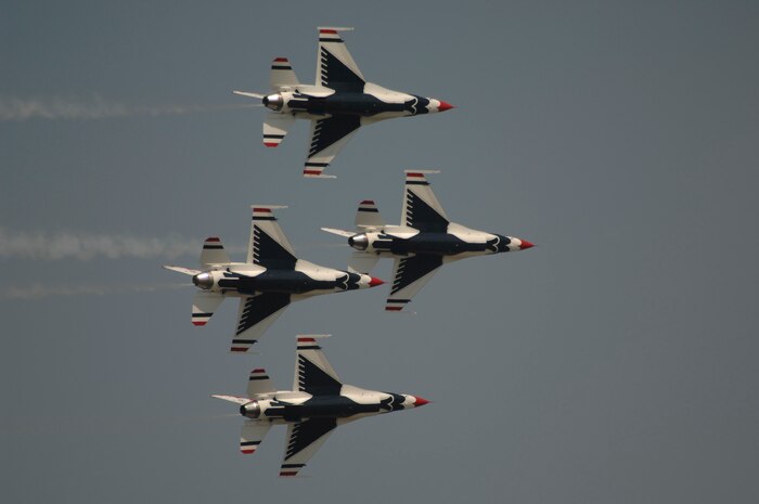 The Air Force Thunderbirds perform a pass across airshow central during the 2008 "Wings Over Charleston" Air Expo at Charleston AFB April 26. More than 136,000 people visited the base during the one-day expo highlighting the Airmen and aircraft of the world's most dominant air, space and cyberspace Air Force. (U.S. Air Fore photo/Master Sgt. Sean Houlihan)