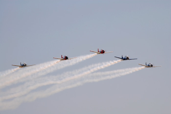 The T-28 Warbird Aerobatic Formation Demonstration Team, the Trojan Horseman perform a pass across airshow central during the 2008 "Wings Over Charleston" Air Expo at Charleston AFB April 26. More than 136,000 people visited the base during the one-day expo highlighting the Airmen and aircraft of the world's most dominant air, space and cyberspace Air Force. (U.S. Air Fore photo/Cailynn Houlihan)