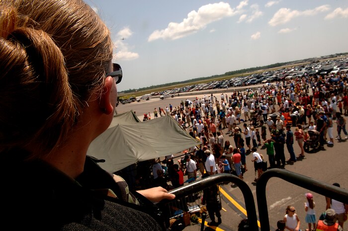 Senior Airman Blair Dennis stands guard at the 2008 "Wings Over Charleston" Air Expo on Charleston AFB April 26. More than 136,000 people visited the base during the one-day expo highlighting the Airmen and aircraft of the world's most dominant air, space and cyberspace Air Force. Airman Dennis is from the 437th Security Forces Squadron. (U.S. Air Fore photo/Senior Airman Nicholas Pilch)