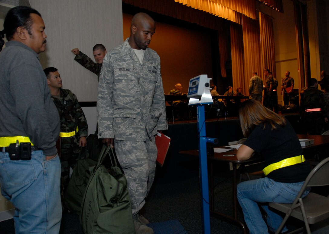 John Lizama weighs in Staff Sgt. Paul Maitland, 36th Civil Engineer Squadron, and his bags before he can be put on the passenger manifest during Andersen's I.R.R.E April 28. (U.S. Air Force photo/Staff Sgt. Patrick Mitchell) 