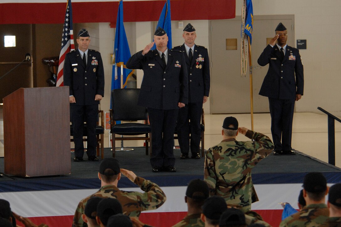 LANGLEY AIR FORCE BASE, Va. -- Col. Kevin Altman, the new 1st Mission Support Group commander, receives a salute from his gaining units at the 1st MSG change of command ceremony here April 24. Colonel Altman arrived from Ramstein Air Base, Germany, where he was the Chief of Manpower and Organization. (U.S. Air Force photo/Airman 1st Class Aaron Johnson)