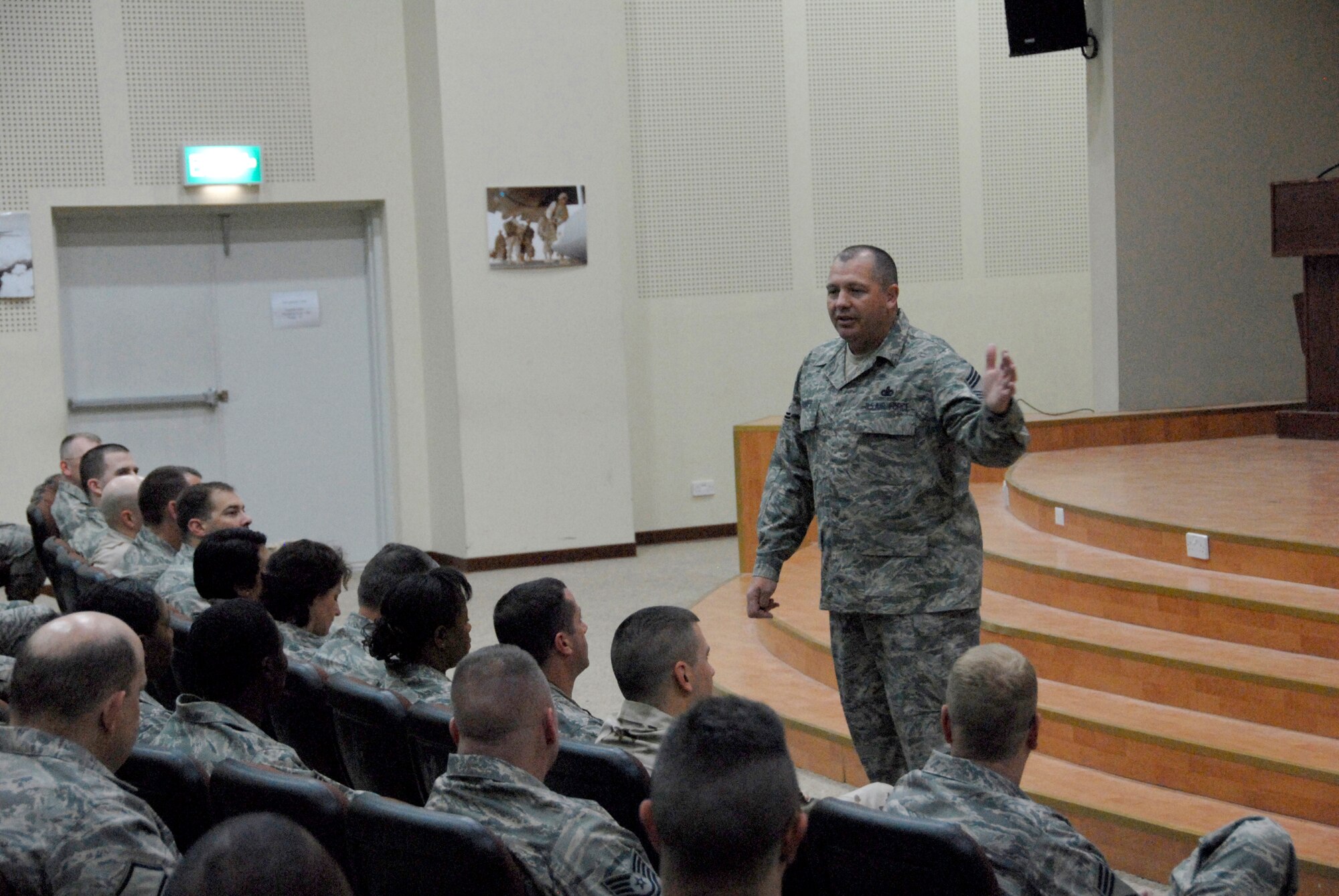 SOUTHWEST ASIA -- Chief Master Sergeant Scott Dearduff, the new command chief for Ninth Air Force and United States Air Forces Central, talks to Airmen of the 386th Air Expeditionary Wing during an enlisted call April 25, 2008, at an air base in the Persian Gulf Region. Command Chief Dearduff is visiting Airmen throughout the area of responsibility to get a first-hand look at Airmen accomplishing a variety of different mission sets supporting the Global War on Terrorism. (U.S. Air Force photo/ Staff Sgt. Patrick Dixon) 