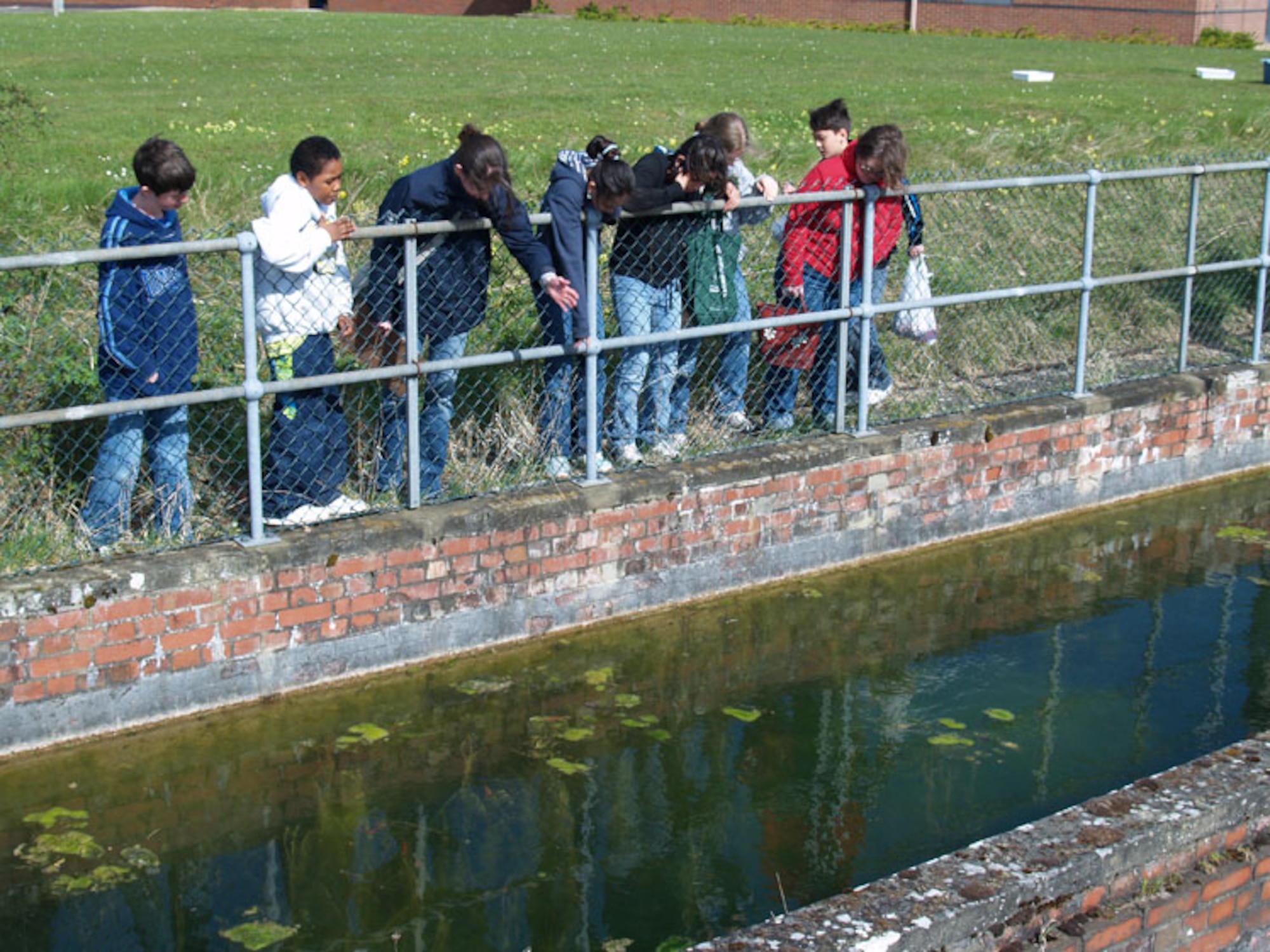 Chieldren from Alconbury Middle School check out the habitat of the Great Crested Newt, a globally-protected species. RAF Molesworth has the largest concentration of the newt in Cambridgeshire. (U.S. Air Force Photo by Tech. Sgt. Kristina Barrett)
