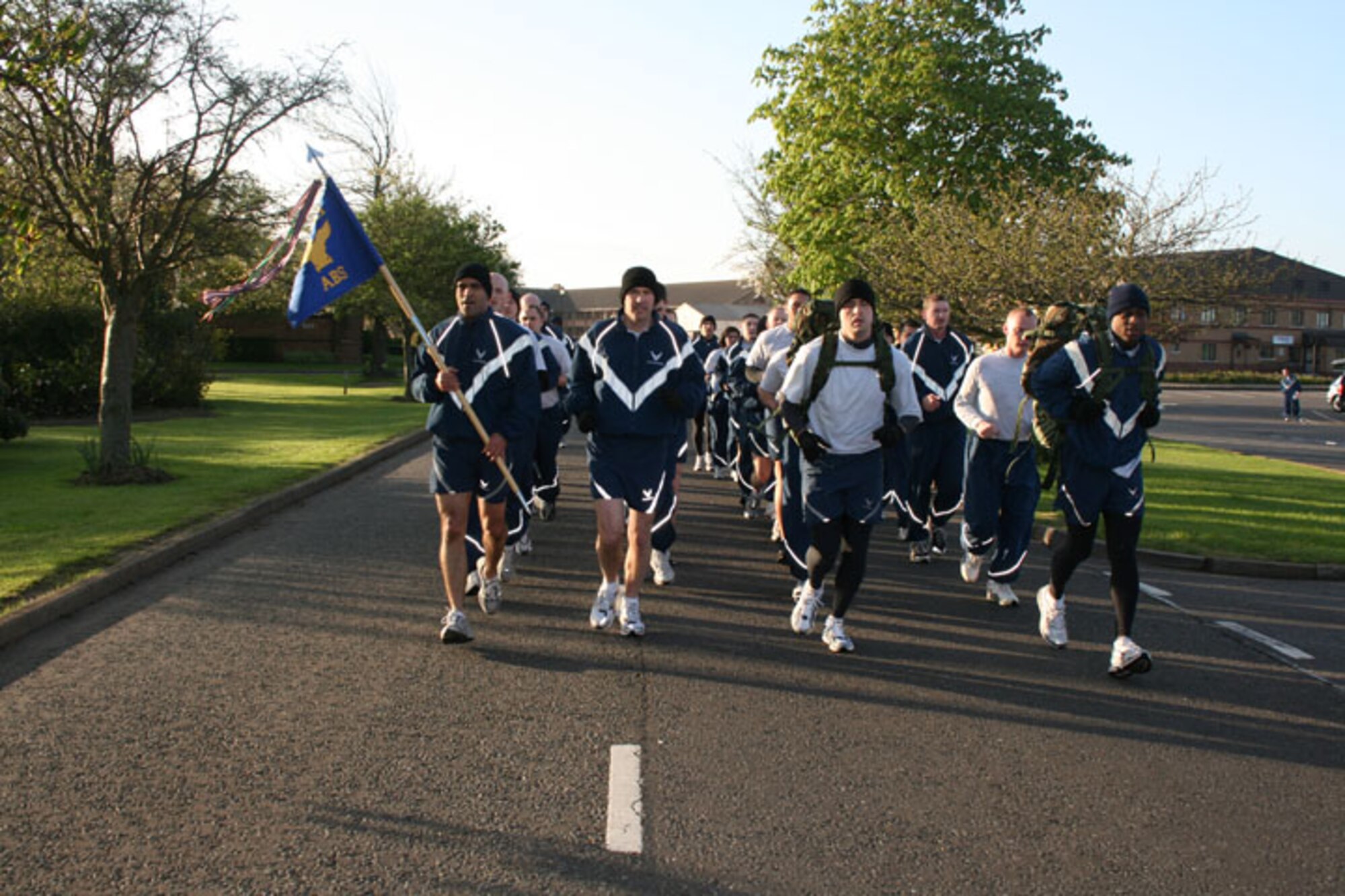 Members of the 423rd Air Base Squadron stay in formation during the Tri-Base Earth Day Warrior Run.