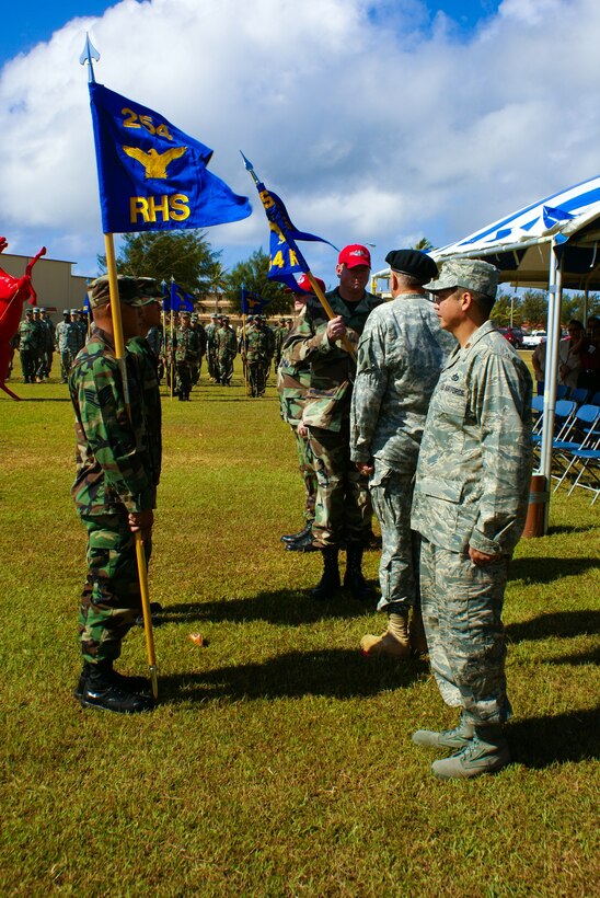 During a Flagging Ceremony, the 254th Civil Engineer Squadron converts to the 254th REDHORSE Squadron April 4, at Andersen Air Force Base, to be commanded by Maj. Audie Artero, Guam Air National Guard. (Courtesy Photo)