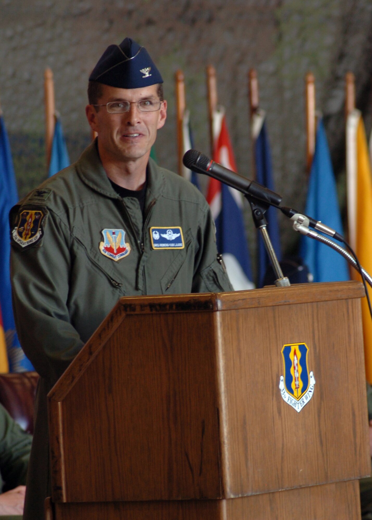 EGLIN AIR FORCE BASE, Fla. -- Colonel J. Greg Riemens-Van Laare took command of the 33d Fighter Wing's Operations Group April 24 during a change of command ceremony in the 33d Maintenance Operations Squadron Hangar. Colonel Riemens-Van Laare was the Chief of Wing Safety at the 45th Space Wing, Patrick AFB, Fla. As commander of the 33d OG , he is responsible for the activities of two F-15C/D fighter squadrons, one operations support squadron, and one air control squadron.  