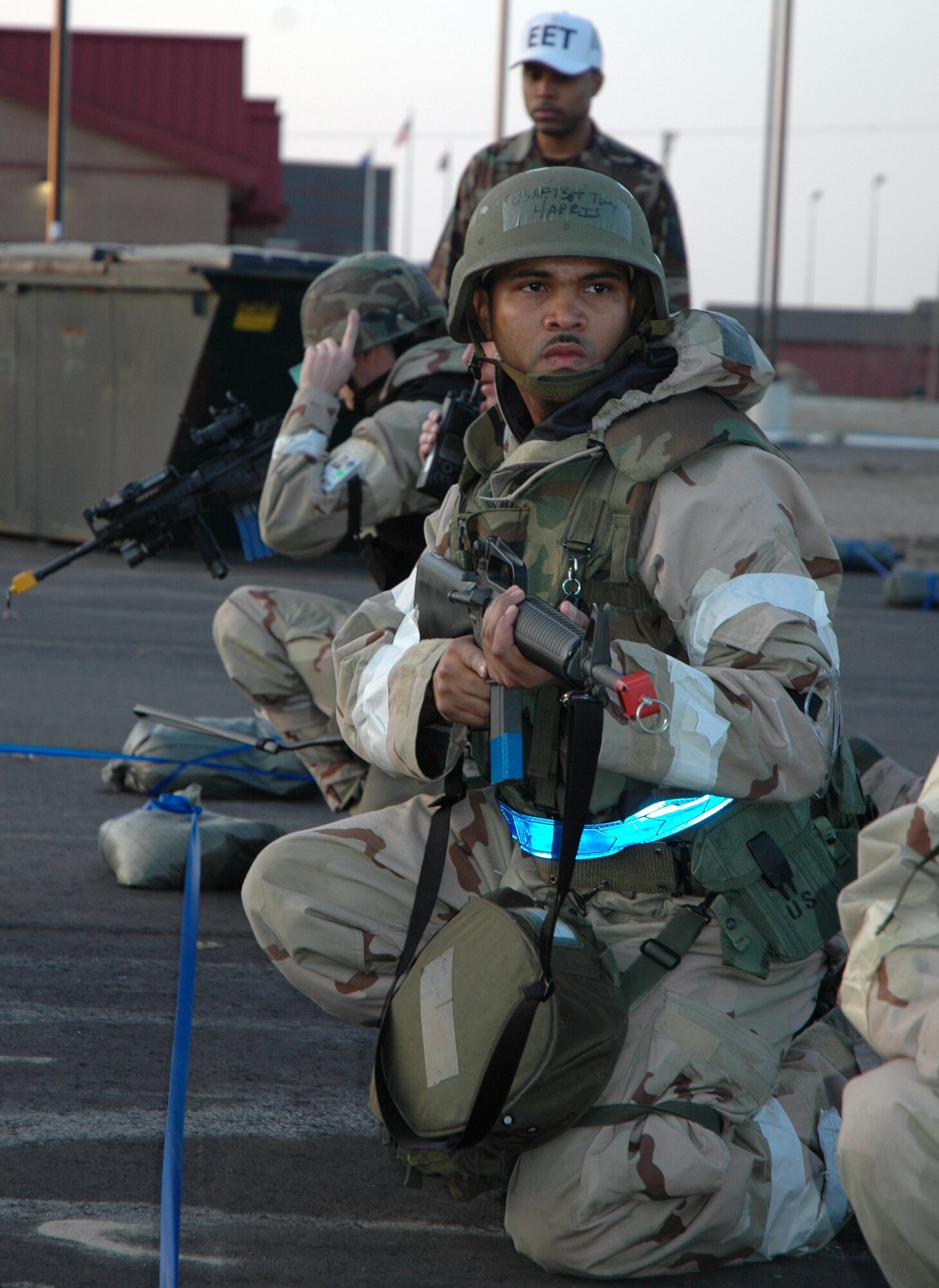 During the Operational Readiness Exercise April 23, Tech. Sgt. Anthony Harris, 512th Mission Support Squadron, took up arms to defend about 30 people who had to evacuate their building due to a simulated fire. Team Dover deployed to Alpena, Mich., and trained together as the 805th Air Expeditionary Wing for the upcoming Operational Readiness Inspection in July. 