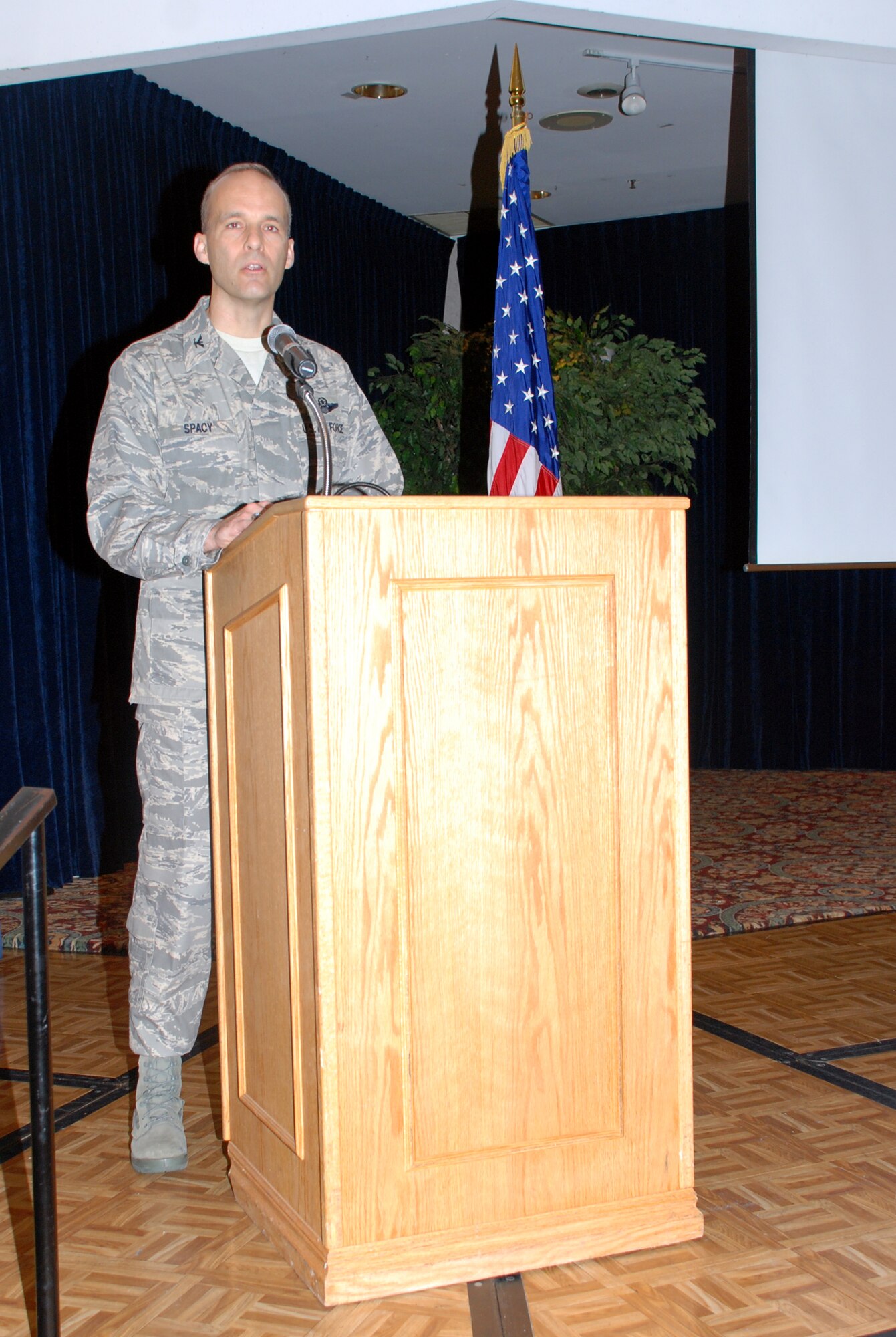 Col. Bill Spacy, 305th Air Mobility Wing vice commander, speaks during Retiree Appreciation Day at The Club recently. The event provided area military retirees with information about retiree medical programs, benefit and entitlement programs, and an array of special interest programs dedicated to retirees and their spouses. (U.S. Air Force photo/Airman 1st Class Rebekah Phy)  