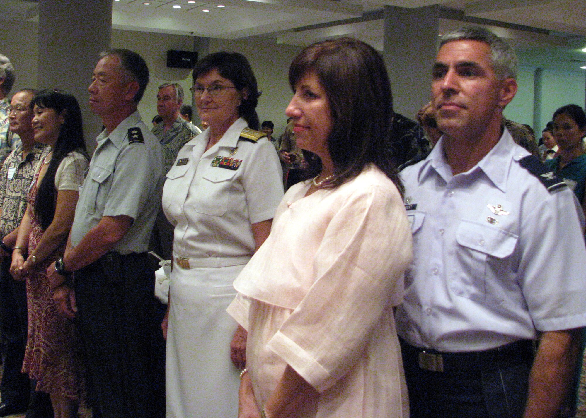 From left, Major General Vern T. Miyagi, mobilization assistant to the commander, United States Pacific Command and his wife Gail,  Major General Robert Lee, Adjutant General, State of Hawaii,  Rear Adm. Donna Crisp, commander,  Joint POW/MIA accounting command and  Irene and Colonel JJ. Torres, 15th Airlift Wing commander was among distinguished visitors. 